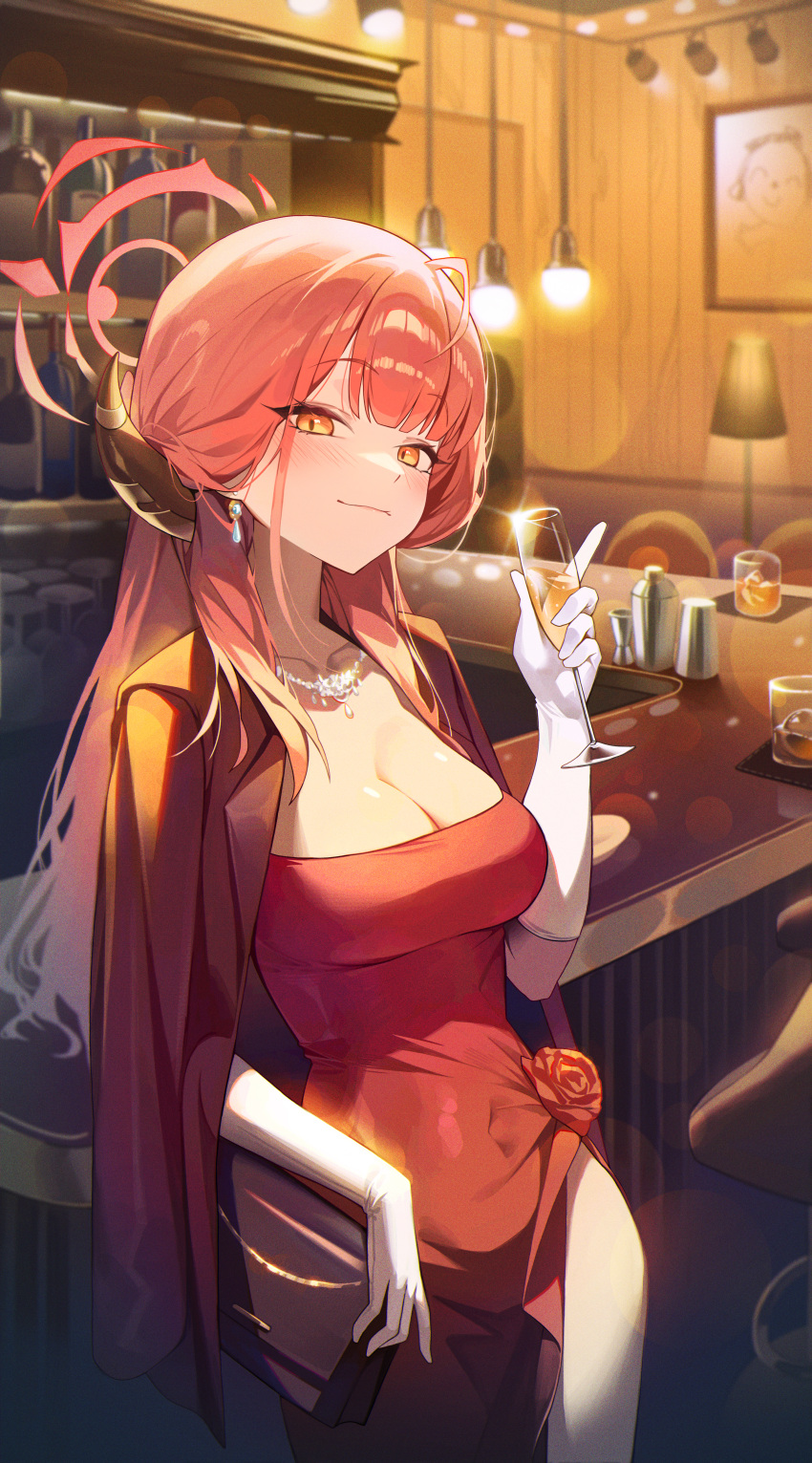 1girl absurdres aru_(blue_archive) aru_(dress)_(blue_archive) bar_(place) blue_archive blush breasts champagne_flute cleavage coat coat_on_shoulders cocktail_shaker collarbone covered_navel cup demon_horns dress drinking_glass earrings gloves halo highres holding holding_cup horns jewelry lamp light_smile looking_at_viewer medium_breasts necklace ninebell official_alternate_costume pink_hair red_coat red_dress solo white_gloves