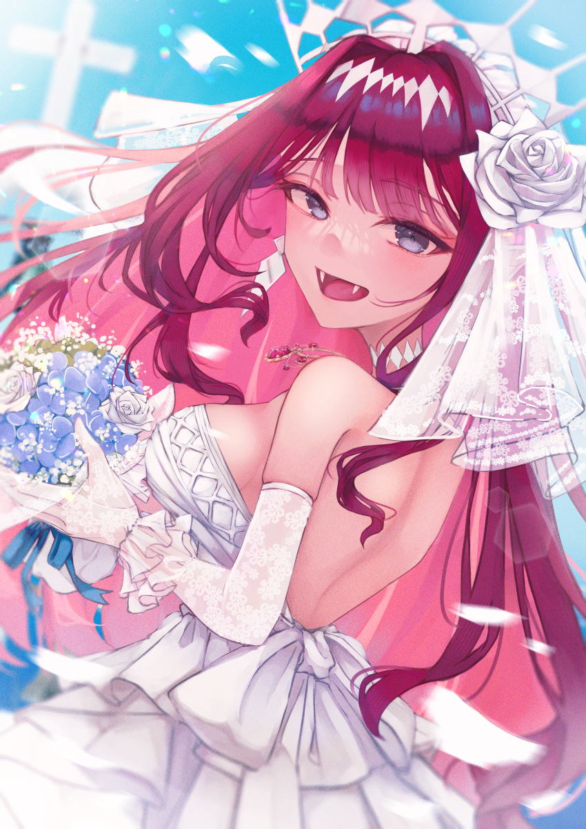 1girl absurdres baobhan_sith_(fate) bare_back bare_shoulders blue_background blue_flower bouquet breasts bridal_veil bride cross dress earrings elbow_gloves falling_petals fangs fate/grand_order fate_(series) flower frilled_cuffs gloves grey_eyes hair_flower hair_ornament highres holding holding_bouquet jewelry lace lace_gloves laced long_hair looking_at_viewer looking_to_the_side necklace open_mouth petals pink_hair sidelocks smile solo spica/kanade upper_body veil wedding_dress white_dress white_flower white_gloves white_veil