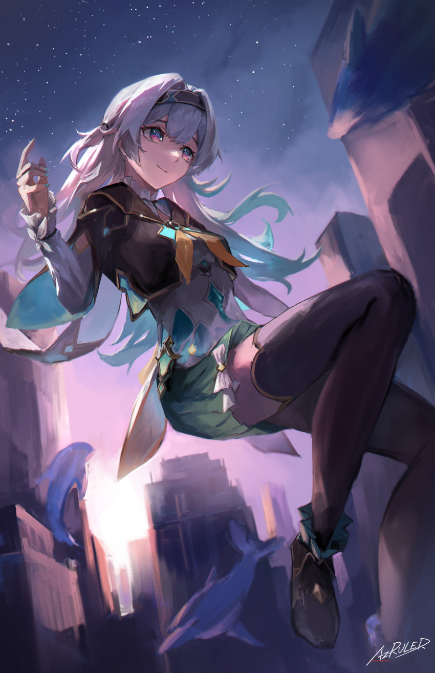 1girl absurdres az'ruler black_hairband black_jacket collared_shirt firefly_(honkai:_star_rail) grey_hair hair_between_eyes hair_intakes hairband highres honkai:_star_rail honkai_(series) jacket long_hair long_sleeves looking_at_viewer ribbon shirt sidelocks smile solo white_shirt