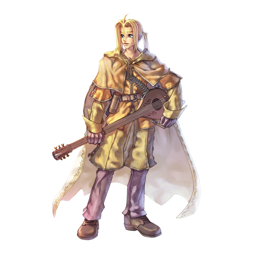 1boy 2000s_(style) bandolier bard_(ragnarok_online) belt blonde_hair blue_eyes brown_belt brown_cape brown_footwear brown_shirt brown_shorts cape dart full_body highres holding holding_instrument instrument layered_sleeves long_sleeves looking_afar lute_(instrument) male_focus myung-jin_lee official_art open_mouth pants pants_under_shorts parted_bangs ponytail purple_pants ragnarok_online shirt shoes short_over_long_sleeves short_sleeves shorts simple_background smile solo standing tachi-e transparent_background two-sided_cape two-sided_fabric white_cape