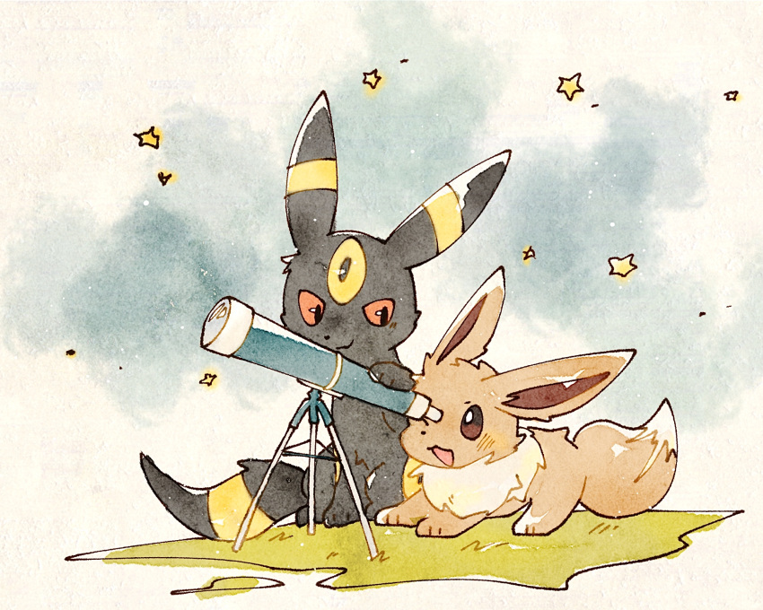 :3 :d brown_eyes closed_mouth eevee grass highres looking_at_another looking_through_scope night night_sky no_humans open_mouth pokemon pokemon_(creature) red_eyes sitting sky smile star_(sky) star_(symbol) stargazing telescope umbreon zugvogel_0525