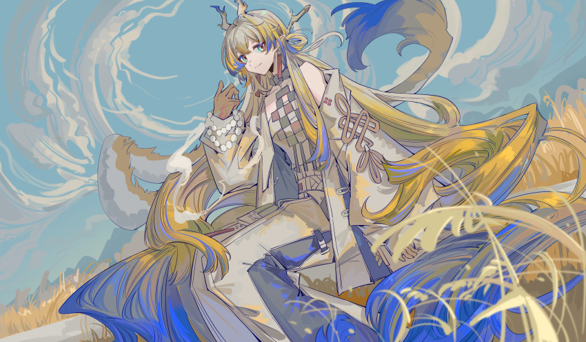 1girl absurdly_long_hair absurdres arknights bare_shoulders beads belt blonde_hair blue_hair blue_horns blue_tail chinese_commentary closed_mouth commentary_request day dragon_girl dragon_horns dragon_tail earrings feet_out_of_frame field floating_hair green_eyes grey_belt grey_hair grey_horns grey_jacket grey_pants grey_tail grey_tube_top hair_intakes hand_up highres horns jacket jewelry long_hair long_sleeves looking_at_viewer multicolored_hair necklace off_shoulder open_clothes open_jacket outdoors pants plant pointy_ears shu_(arknights) sitting smile solo strapless tail tube_top very_long_hair wheat wheat_field yellow_horns yellow_tail yi1ling0