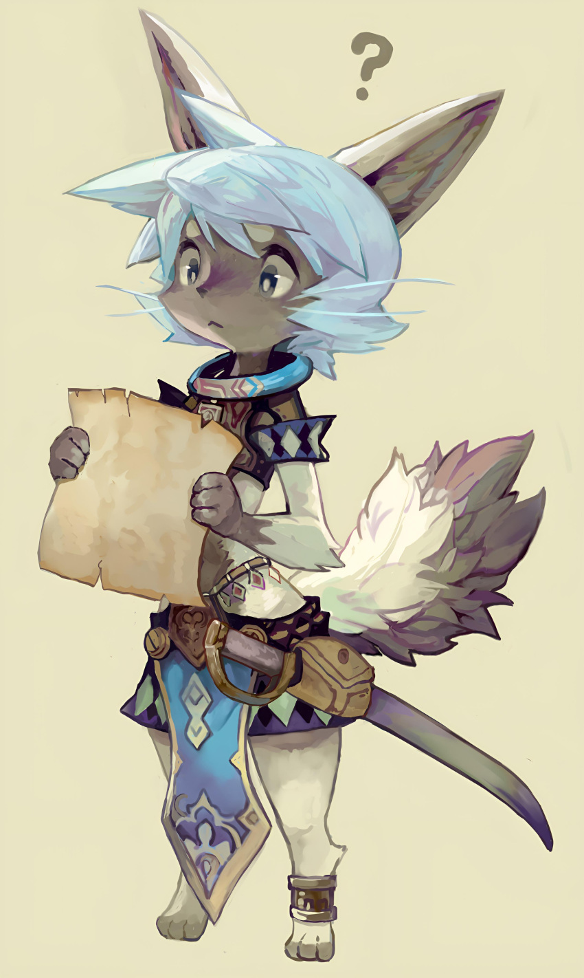 1other ? absurdres androgynous animal_ears animal_hands animal_nose anklet armor black_eyes blue_hair body_fur breastplate cat confused crop_top digitigrade furry furry_female grey_fur highres holding holding_paper jewelry large_ears light_blue_hair messy_hair midriff multicolored_fur murayama_ryota navel neck_ring original paper pelvic_curtain scabbard sheath sheathed short_hair short_sleeves shorts simple_background solo_focus source_request spiked_hair sword weapon werewolf whiskers white_fur