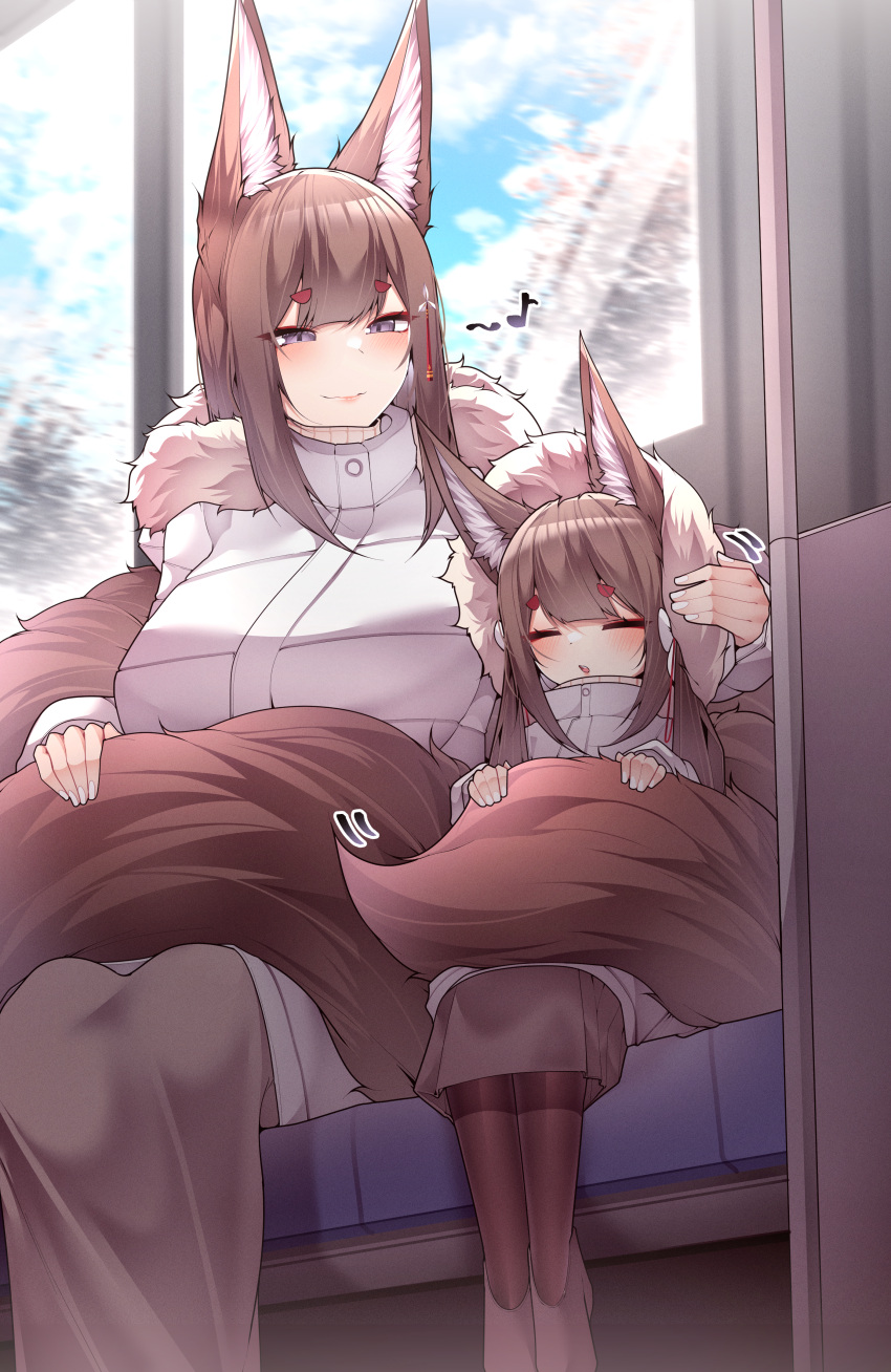 2girls absurdres amagi-chan_(azur_lane) amagi_(azur_lane) animal_ears azur_lane blush brown_hair casual closed_eyes coat day eyeshadow flower fox_ears fox_girl fox_tail fur-trimmed_coat fur-trimmed_hood fur_trim hair_between_eyes hair_flower hair_ornament hairpin half-closed_eyes hand_on_another's_head headpat highres hood indoors kitsune long_hair makeup mother_and_daughter multiple_girls multiple_tails musical_note open_mouth purple_eyes red_eyeshadow samip sitting slit_pupils smile spoken_musical_note tail tail_cover very_long_hair white_flower winter_clothes winter_coat