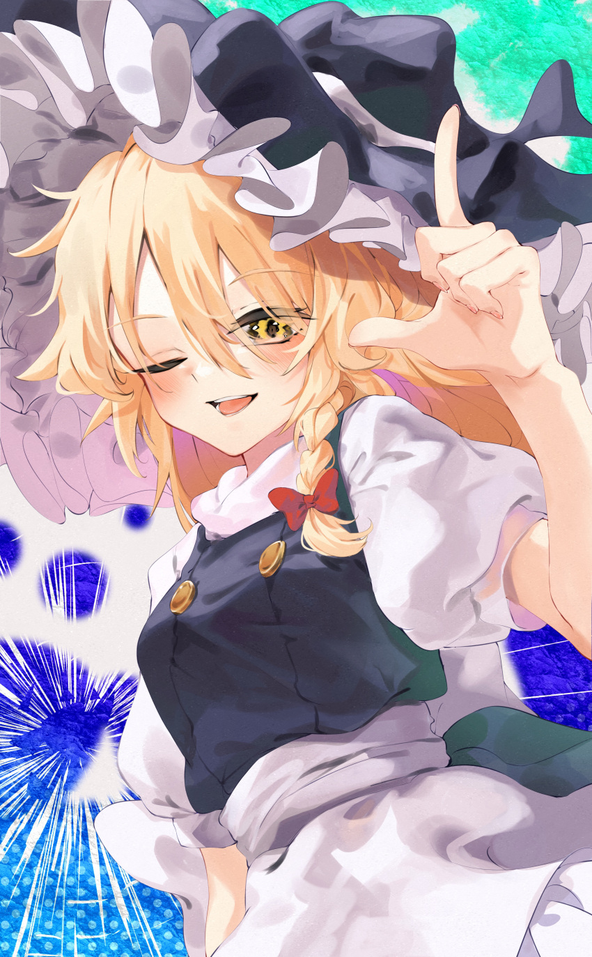 1girl ;d absurdres apron arm_at_side black_headwear black_vest blonde_hair blush bow braid calpis118 commentary cowboy_shot emphasis_lines eyes_visible_through_hair finger_gun fingernails hair_between_eyes hair_bow hand_up hat highres kirisame_marisa long_hair looking_at_viewer one_eye_closed open_mouth puffy_short_sleeves puffy_sleeves red_bow shirt short_sleeves simple_background single_braid smile solo teeth textless_version tongue touhou tsurime vest waist_apron white_apron white_shirt witch_hat yellow_eyes