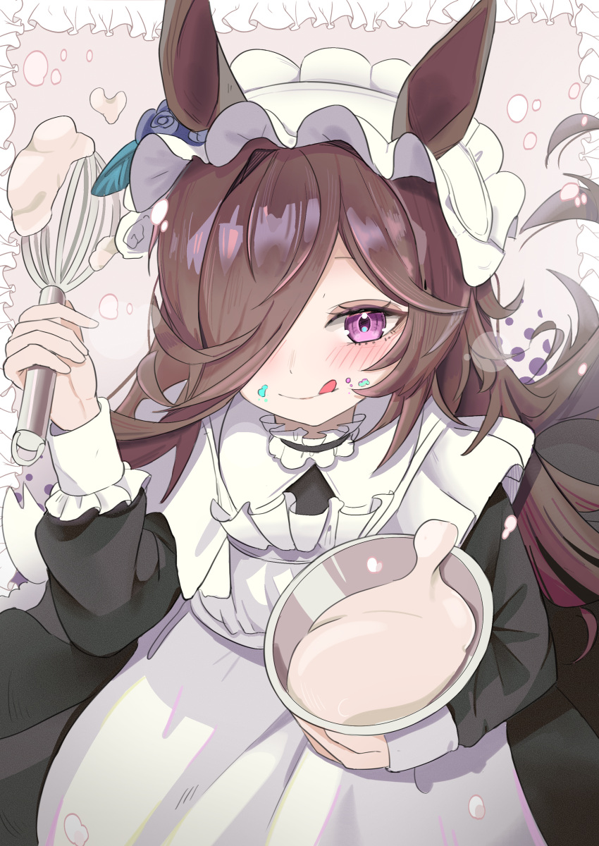 1girl :q absurdres animal_ears apron black_dress blush bowl brown_hair closed_mouth commentary_request dress food food_on_face hair_over_one_eye high_(hgih) highres holding holding_bowl holding_whisk horse_ears horse_girl long_hair long_sleeves looking_at_viewer maid maid_apron maid_headdress mixing_bowl purple_eyes rice_shower_(umamusume) smile solo tongue tongue_out umamusume whisk