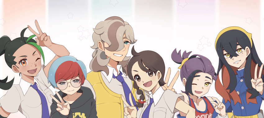 2boys 4girls :d ;d arven_(pokemon) black_hair blue_jacket braid breast_pocket brown_hair buttons carmine_(pokemon) closed_mouth collared_shirt commentary_request crossed_bangs eyelashes freckles glasses green_eyes green_hair grey_eyes grin hair_between_eyes hair_over_one_eye hairband highres jacket juliana_(pokemon) kieran_(pokemon) long_hair multicolored_hair multiple_boys multiple_girls necktie nemona_(pokemon) one_eye_closed open_mouth penny_(pokemon) pocket pokemon pokemon_sv ponytail purple_necktie red_shirt round_eyewear shirt sleeveless sleeveless_shirt smile tank_top teeth two-tone_hair v vest yellow_eyes yellow_hairband yellow_vest yu062424