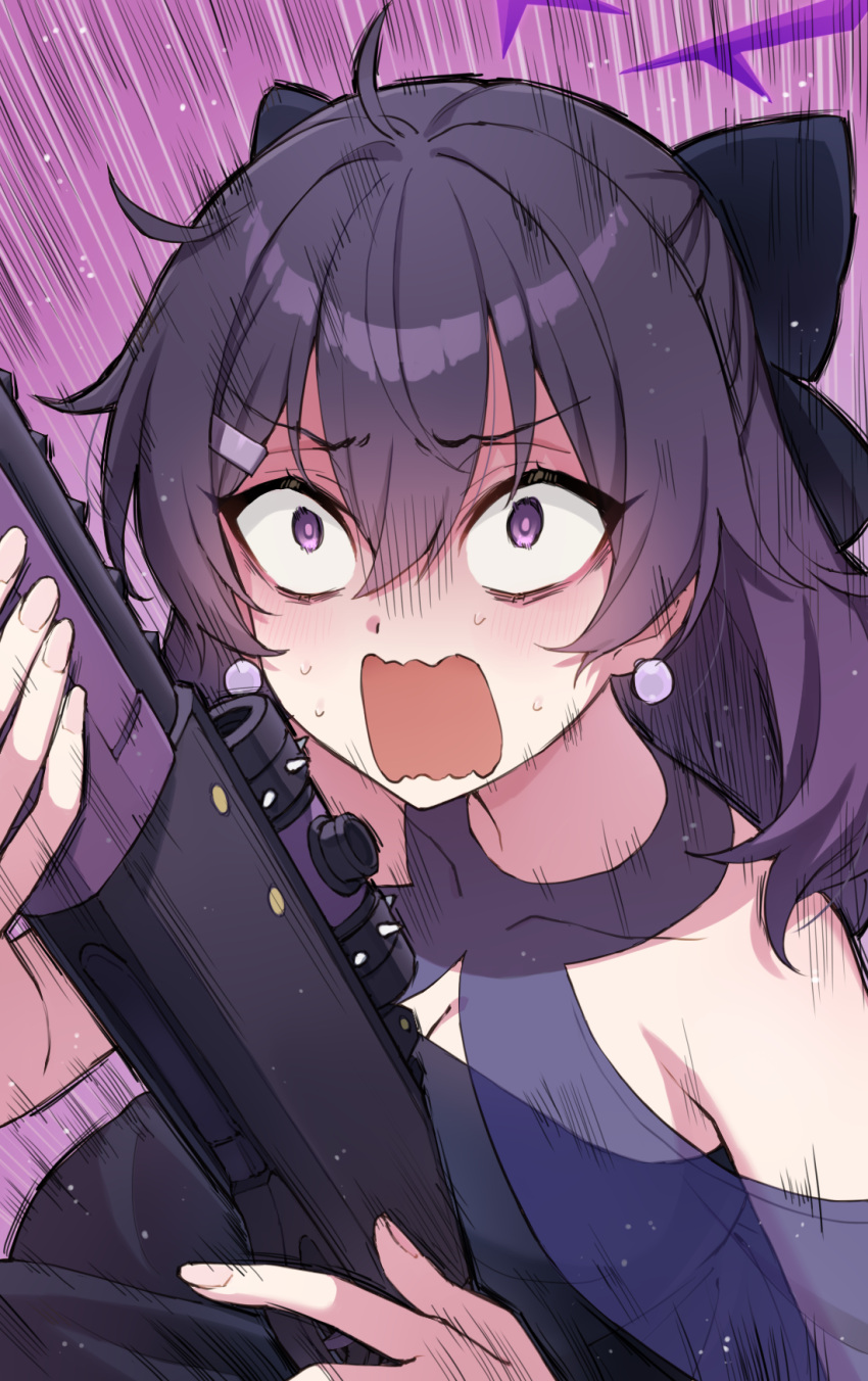 1girl bare_shoulders blue_archive blush bow breasts constricted_pupils dress earrings gun hair_bow hair_ornament hairclip halo haruka_(blue_archive) haruka_(dress)_(blue_archive) highres jewelry long_hair open_mouth purple_dress purple_eyes purple_hair solo somechime_(sometime1209) weapon