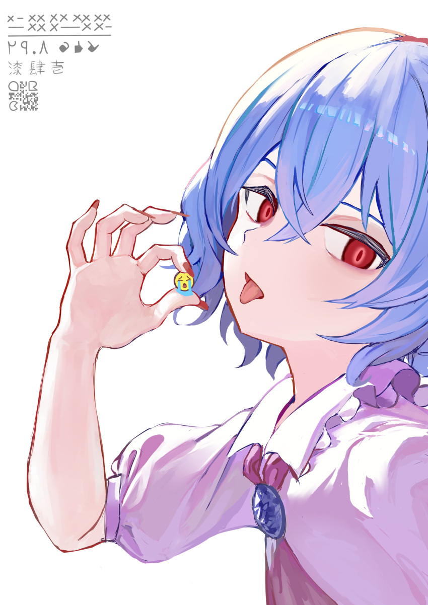 1girl absurdres ascot ayo_rimaisu blue_hair collared_shirt crossed_bangs crying_emoji emoji gem highres holding looking_at_viewer pink_shirt red_eyes red_nails remilia_scarlet shirt short_hair simple_background solo tongue tongue_out touhou upper_body white_background