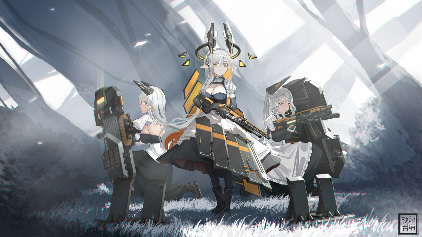 3girls apron backless_dress backless_outfit black_dress black_gloves boots braid breasts brown_footwear cleavage closed_mouth commentary_request day dress elbow_gloves frilled_apron frills gloves grass grey_hair gun hair_between_eyes halo highres holding holding_gun holding_weapon long_hair maid mecha_musume medium_breasts multicolored_hair multiple_girls natori_youkai on_one_knee orange_hair original outdoors pointy_ears profile puffy_short_sleeves puffy_sleeves shoes short_sleeves tree two-tone_hair very_long_hair weapon white_apron yellow_eyes