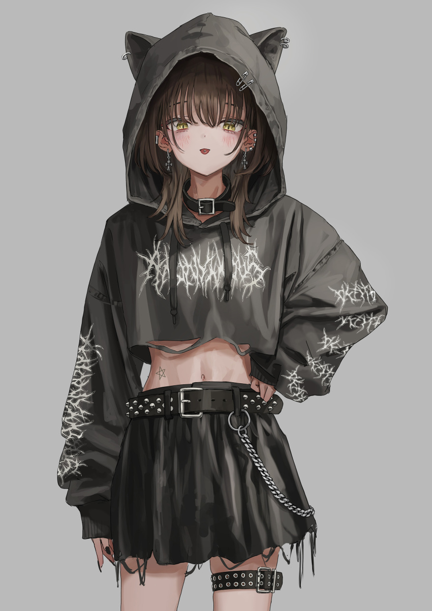 1girl absurdres animal_ear_hood belt belt_buckle black_belt black_collar black_nails black_skirt blush brown_hair buckle chain collar cropped_hoodie earclip earrings grey_background grey_hoodie highres hood hood_up hoodie jewelry long_sleeves looking_at_viewer medium_hair midriff nadegata nail_polish navel open_mouth original piercing safety_pin simple_background skindentation skirt sleeves_past_wrists solo studded_belt thigh_strap tongue_piercing wolf_cut yellow_eyes