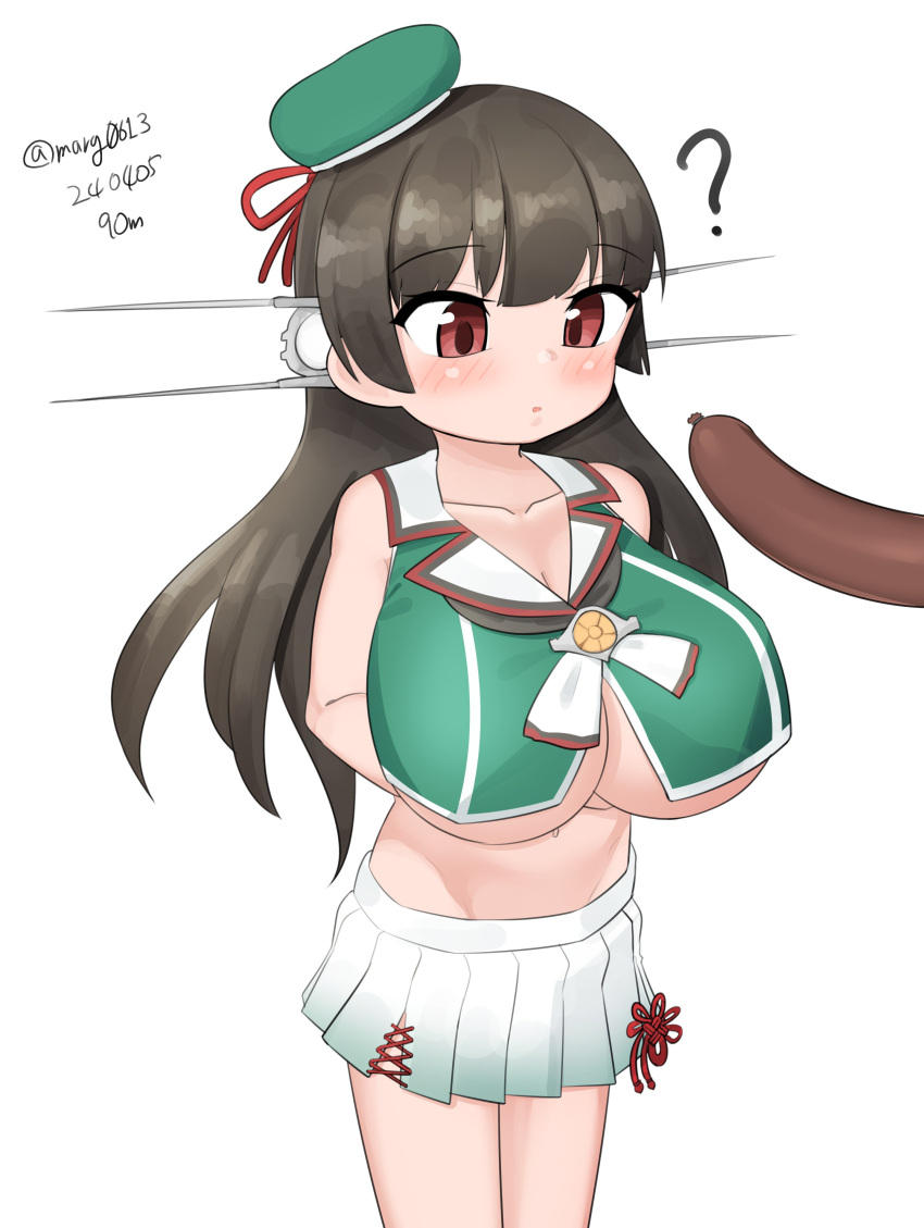 1girl ? absurdres beret black_hair breasts choukai_(kancolle) dated food green_hat green_shirt hat headgear highres kantai_collection large_breasts long_hair maru_(marg0613) midriff navel no_eyewear one-hour_drawing_challenge pleated_skirt red_eyes sailor_collar sausage sexually_suggestive shirt simple_background skirt sleeveless sleeveless_shirt solo twitter_username underboob white_background white_sailor_collar white_skirt