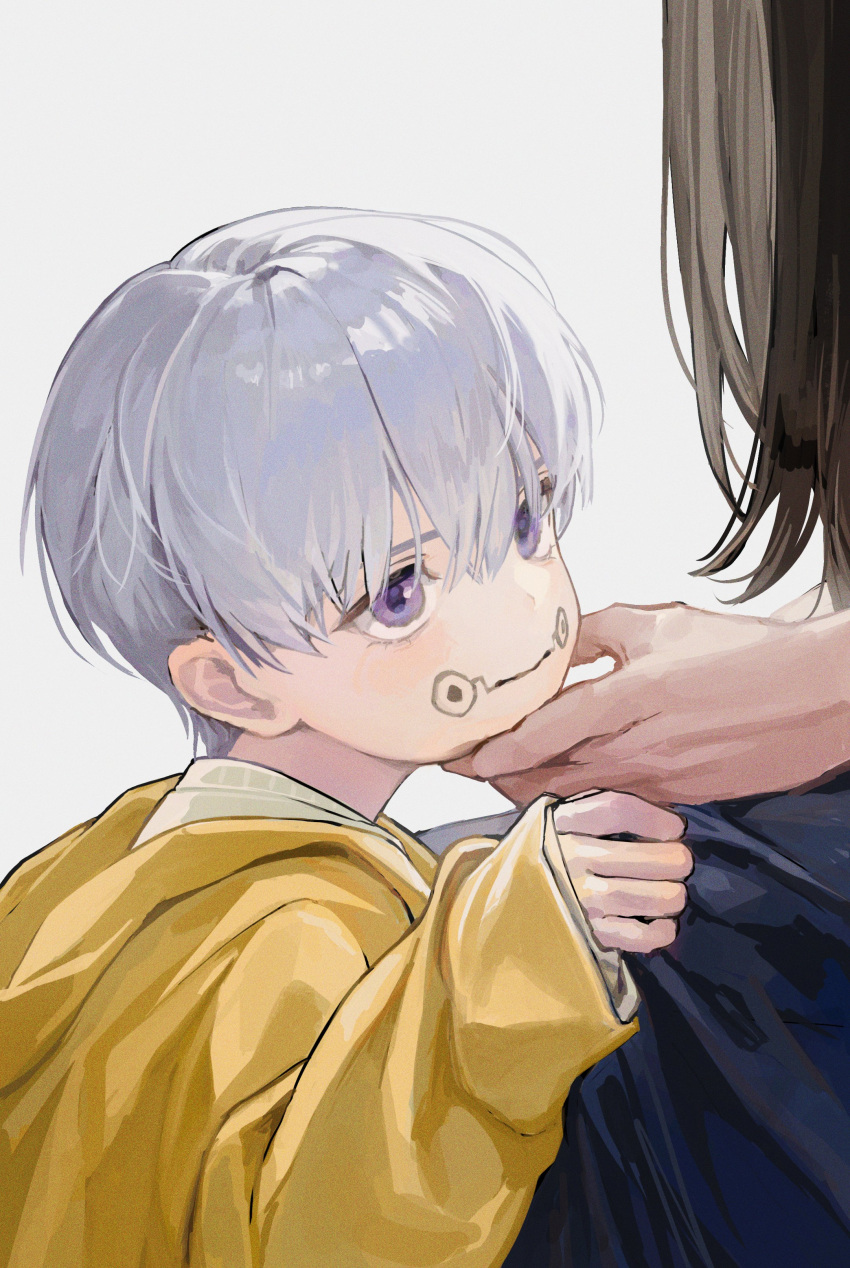 1boy 1girl absurdres black_hair child closed_mouth expressionless facial_tattoo from_side grabbing_another's_chin hand_on_another's_chin hand_on_another's_knee head_tilt highres hood hoodie inumaki_toge jujutsu_kaisen long_sleeves looking_at_another male_focus popo_6996 purple_eyes shirt short_hair simple_background solo_focus tattoo white_hair white_shirt yellow_hoodie