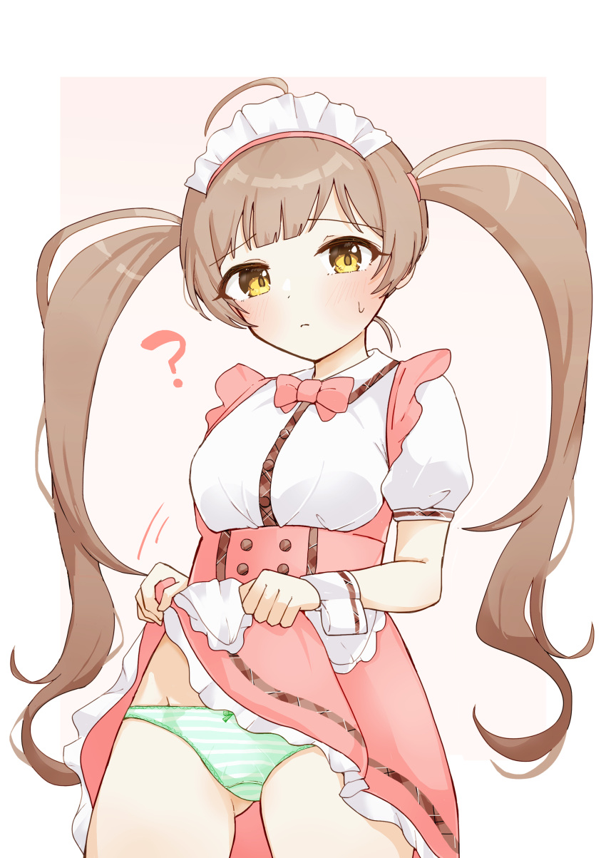 1girl ? absurdres ahoge apron blush bow bowtie breasts brown_hair closed_mouth clothes_lift cowboy_shot dot_nose dress eyelashes frilled_apron frilled_skirt frills green_panties groin hair_tie hakozaki_serika highres idolmaster idolmaster_million_live! idolmaster_million_live!_theater_days lifted_by_self lone_nape_hair long_hair looking_at_viewer maid_headdress mikatsuki_(vcjr4785) official_alternate_costume outside_border panties parted_bangs pink_bow pink_bowtie pink_dress pretty_waitress_(idolmaster) puffy_short_sleeves puffy_sleeves shirt shirt_lift short_sleeves sidelocks simple_background skirt small_breasts solo striped_clothes striped_panties sweat thighhighs thighs twintails underwear very_long_hair waist_apron wavy_hair white_apron white_shirt white_thighhighs wrist_cuffs yellow_eyes