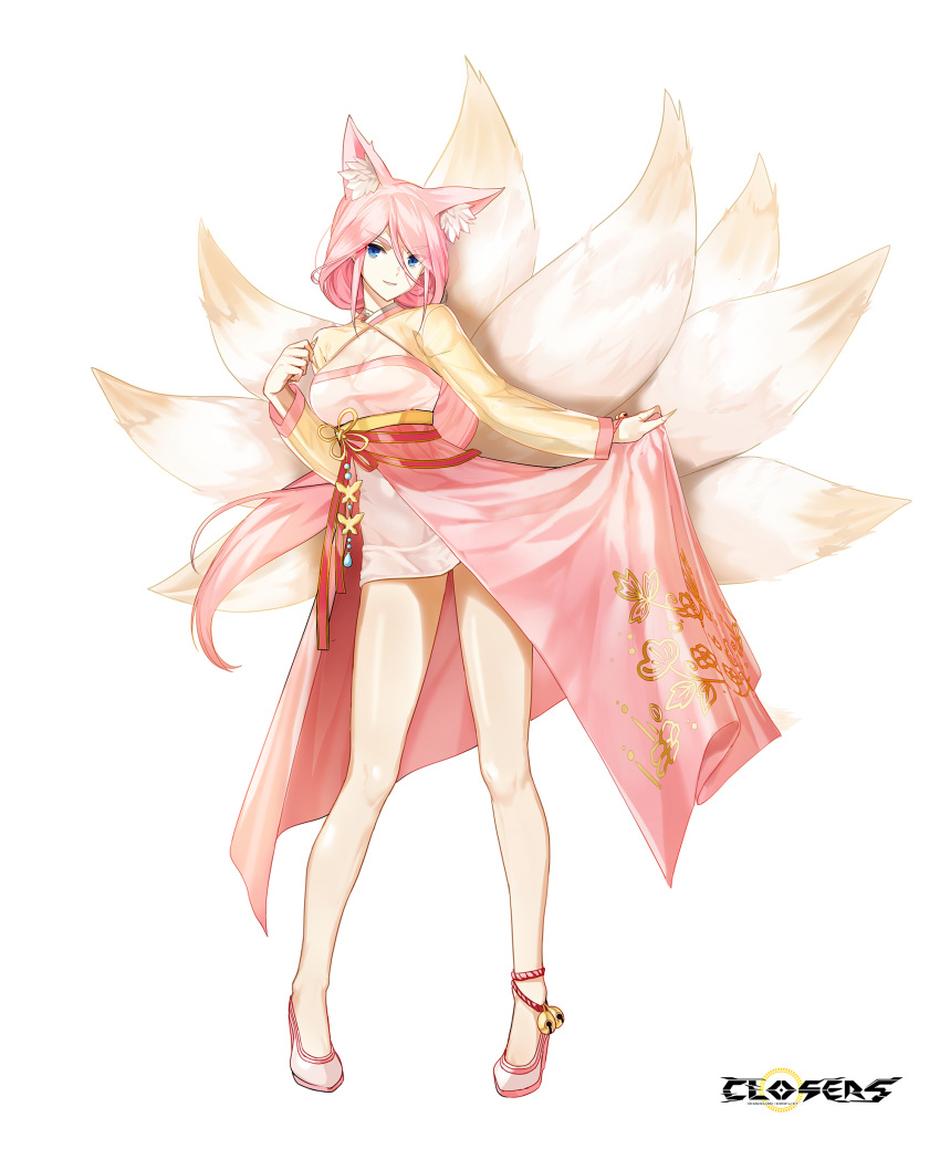 1girl absurdres alternate_hair_color animal_ear_fluff animal_ears ankle_bell blue_eyes breasts cleavage cleavage_cutout closers clothing_cutout copyright_name dress fingernails fox_ears fox_girl fox_tail full_body grin hand_up high_heels highres kitsune kyuubi large_breasts layered_dress legs_apart logo long_fingernails long_hair long_sleeves looking_at_viewer low_ponytail multiple_tails official_art overskirt pigeon-toed pink_dress pink_hair see-through see-through_sleeves skirt_hold smile solo standing tachi-e tail two-tone_dress v-shaped_eyebrows violet_(closers) wedge_heels white_background white_footwear yellow_dress yellow_sleeves yellow_tail