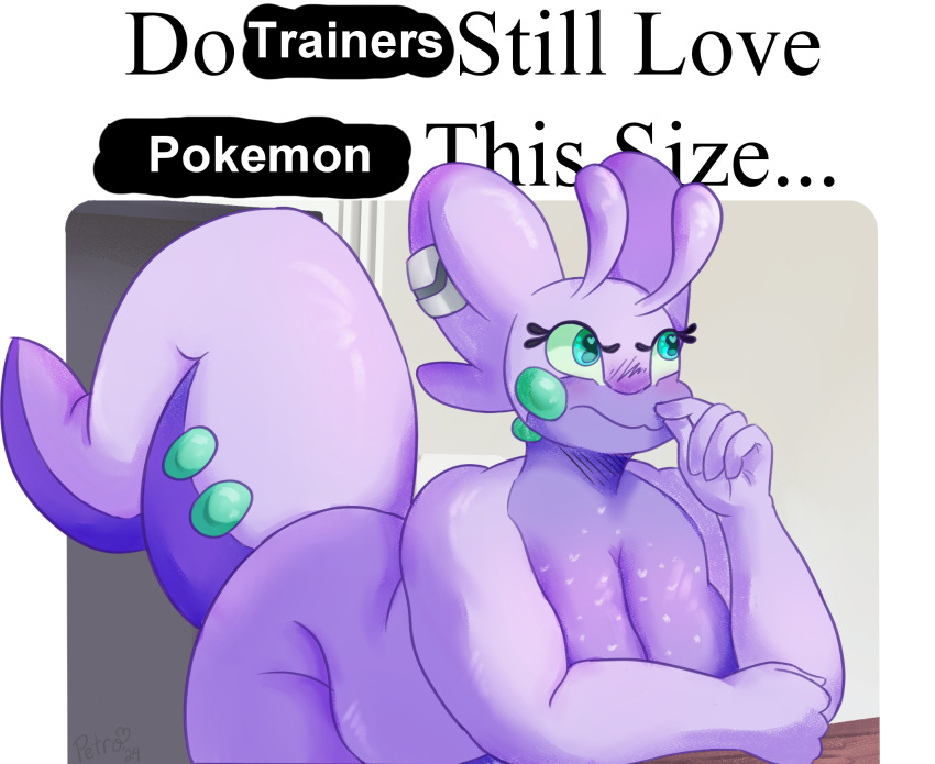2024 5_fingers accessory antennae_(anatomy) anthro bent_over big_breasts big_tail breasts countershading digital_media_(artwork) digital_painting_(artwork) do_men_still_love_women_this_size english_text eyelashes female fingers freckled_breasts freckles generation_6_pokemon goodra green_eyes green_sclera hair_accessory hi_res huge_breasts human laona_(petrovolt) mammal meme nintendo nude petrovolt pokemon pokemon_(species) purple_body redraw slightly_chubby slightly_chubby_anthro slightly_chubby_female solo tail text thinking