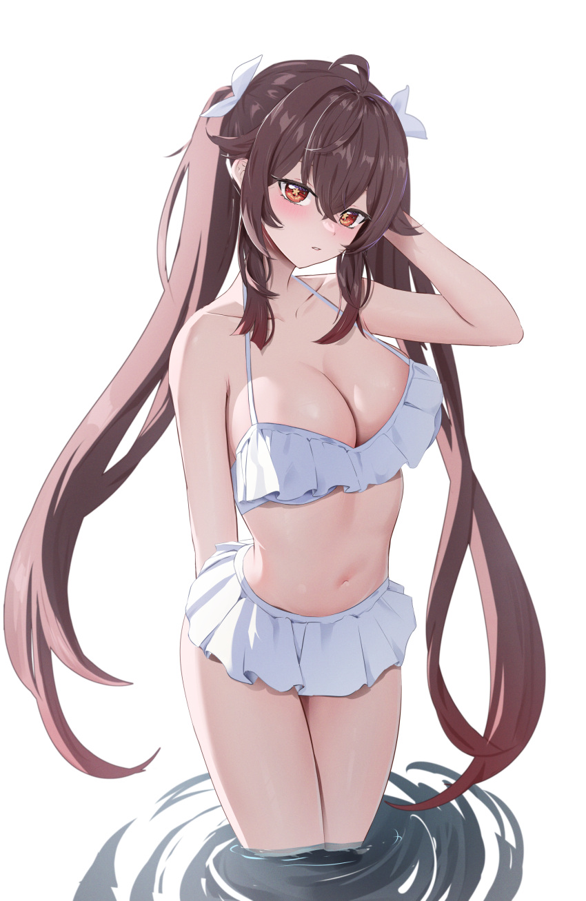 1girl absurdres ahoge bare_arms bikini bikini_skirt breasts brown_eyes brown_hair cleavage collarbone commentary_request crossed_bangs frilled_bikini frills genshin_impact hair_between_eyes hair_ribbon hand_in_own_hair highres hu_tao_(genshin_impact) long_hair looking_at_viewer medium_breasts navel pharmarr ribbon sidelocks simple_background solo standing swimsuit thighs twintails very_long_hair wading white_background white_bikini