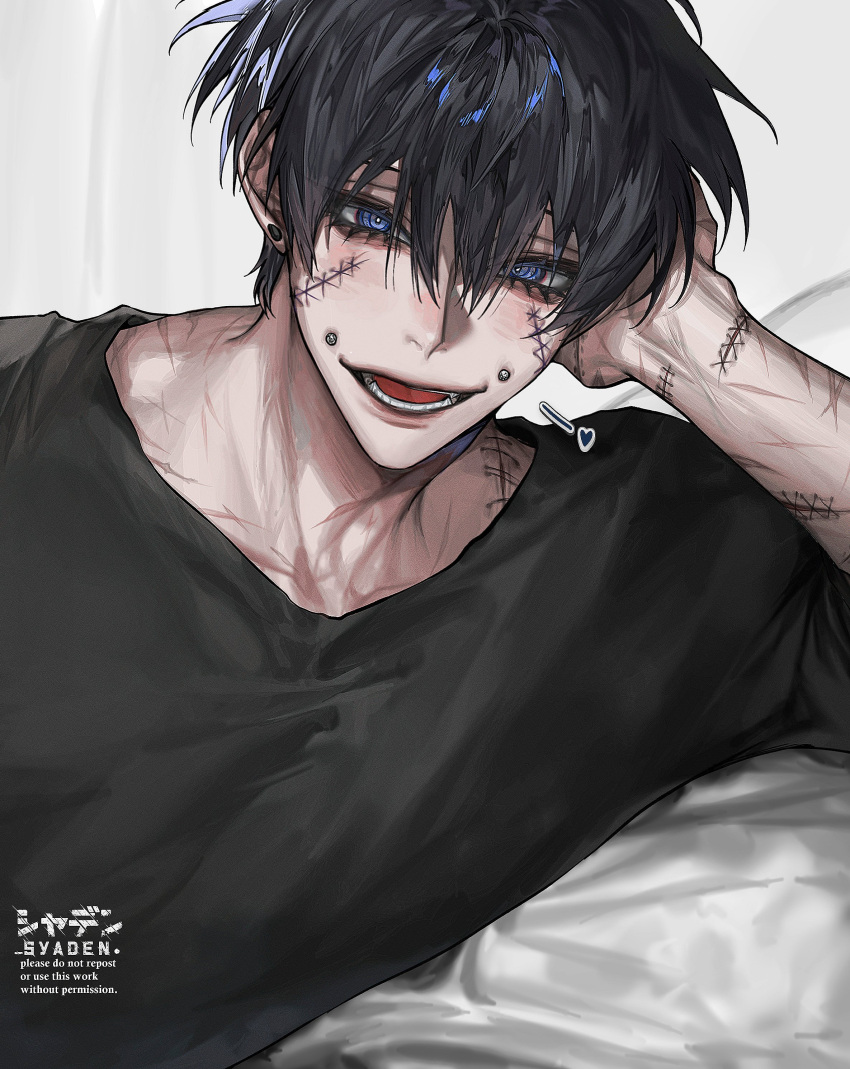 1boy absurdres bed_sheet black_hair black_shirt blue_eyes ear_piercing eyelashes hair_between_eyes hand_to_head hand_up head_rest highres light_blush looking_at_viewer lower_teeth_only lying male_focus on_bed on_side original parted_lips piercing scar scar_on_arm scar_on_shoulder shirt short_hair smile solo stitched_arm stitched_face stitched_torso stitches syaden teeth tongue