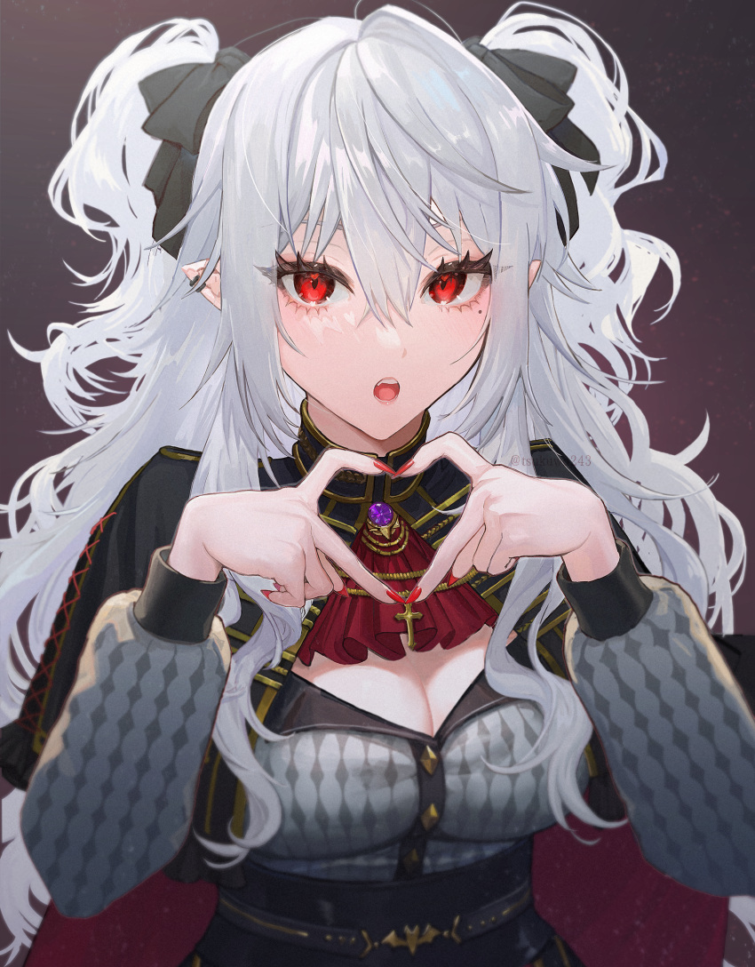 1girl ascot black_bow black_capelet black_skirt bow breasts capelet cleavage commentary_request ear_piercing genderswap genderswap_(mtf) grey_hair grey_shirt hair_bow hands_up heart heart_hands high-waist_skirt highres juukyuuhyaku_(tsukuwo243) kuzuha_(nijisanji) long_hair long_sleeves looking_at_viewer medium_breasts nijisanji open_mouth piercing pointy_ears puffy_long_sleeves puffy_sleeves red_ascot red_eyes shirt skirt solo two_side_up upper_body very_long_hair virtual_youtuber