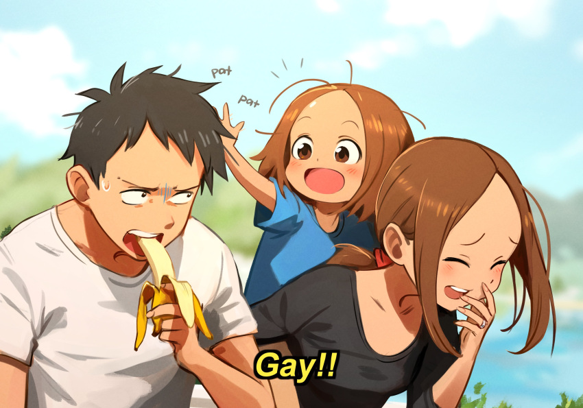 1boy 2girls ^_^ banana black_eyes black_hair black_shirt blue_shirt blue_sky closed_eyes day eating food forehead fruit hand_up highres holding holding_food holding_fruit jewelry karakai_jouzu_no_(moto)_takagi-san karakai_jouzu_no_takagi-san khyle. looking_at_another multiple_girls nishikata nishikata_chii outdoors ring shirt short_hair short_sleeves sky takagi-san white_shirt