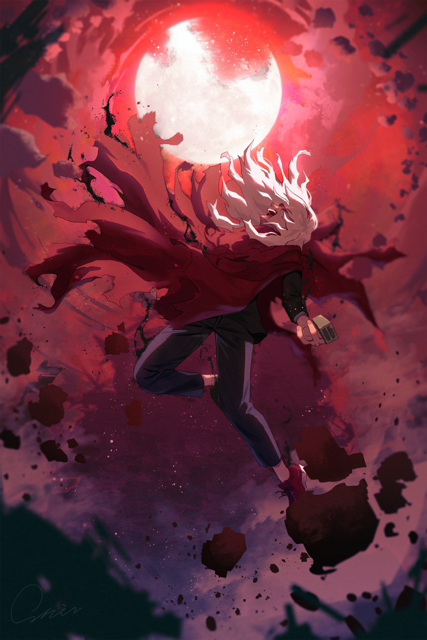 1boy absurdres black_jacket black_pants black_suit blurry boku_no_hero_academia cape cloud cloudy_sky commentary_request cross-laced_footwear depth_of_field dust eye_trail fallstreak_hole film_grain floating floating_cape floating_hair from_side full_body full_moon hands_up head_back highres jacket laughing leaning_back leg_up light light_trail long_hair long_sleeves male_focus matsumotoshinnnosuke messy_hair moon moonlight open_mouth outdoors pants partial_commentary profile prosthetic_fingers red_cape red_footwear red_sky red_theme rock scar scar_on_face scar_on_mouth shaded_face shigaraki_tomura shoes signature sky sneakers soft_focus solo suit torn_cape torn_clothes white_hair