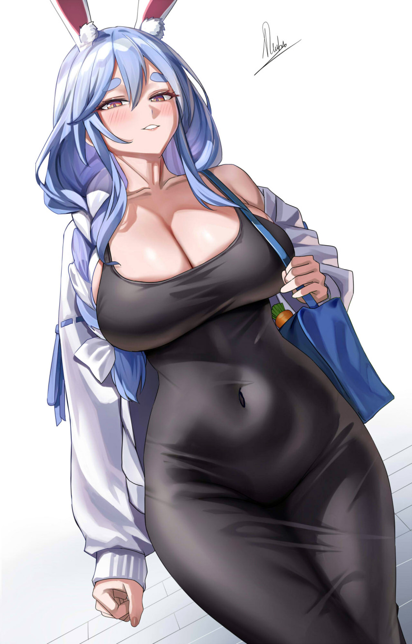 1girl animal_ears black_dress blue_bag blue_hair blush braid breasts cleavage collarbone commentary covered_navel dress english_commentary hair_between_eyes highres hololive large_breasts long_hair long_sleeves looking_at_viewer mature_female off_shoulder parted_lips pekomama piukute062 purple_eyes rabbit_ears rabbit_girl signature simple_background single_bare_shoulder smile solo thick_eyebrows virtual_youtuber white_background