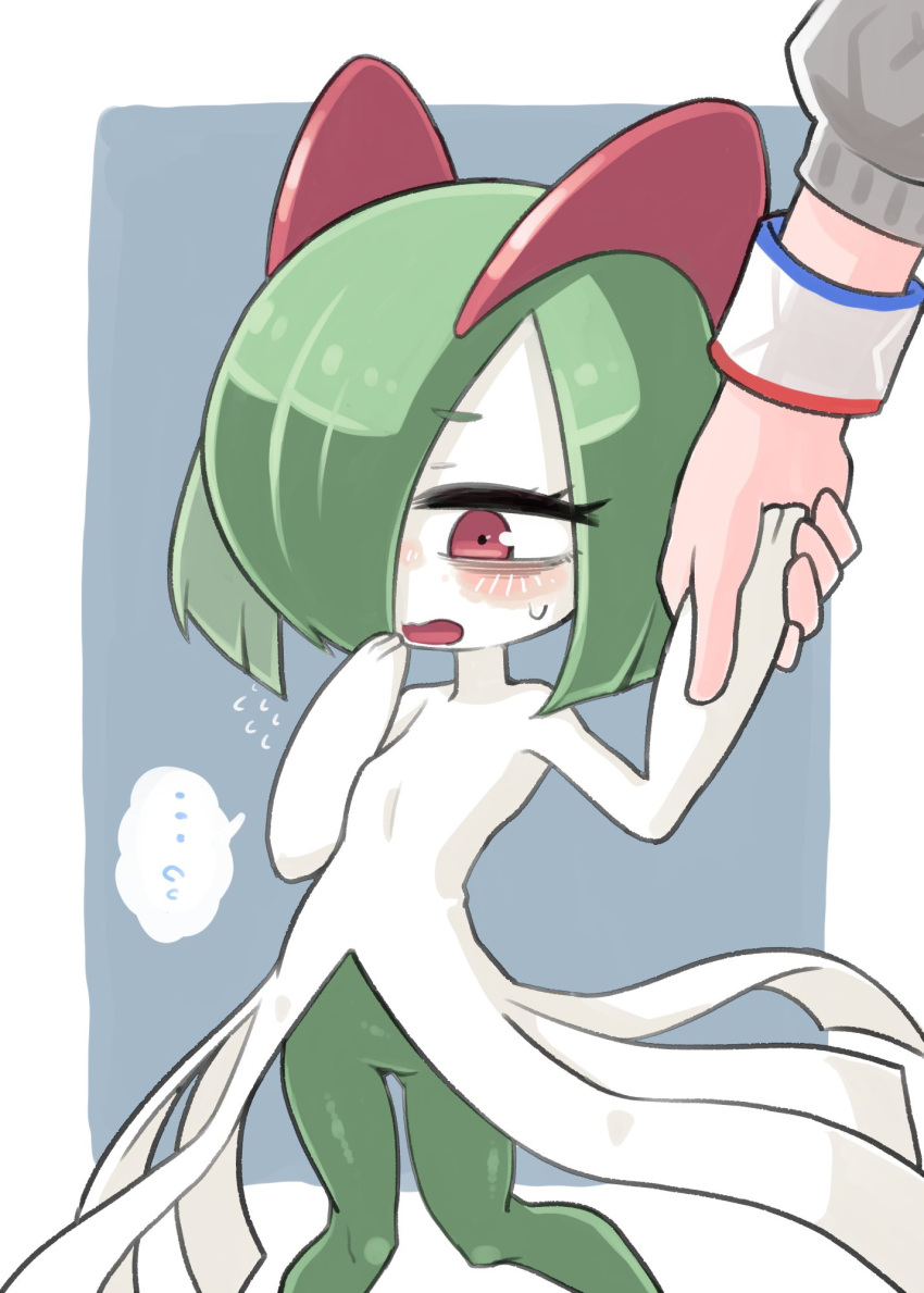 ... 1girl bags_under_eyes blue_background colored_skin dynamax_band gloria_(pokemon) green_hair hair_over_one_eye highres holding_hands horns ino_(tellu0120) kirlia multicolored_skin out_of_frame pink_eyes pokemon pokemon_(creature) sidelocks simple_background sweater two-tone_skin white_skin