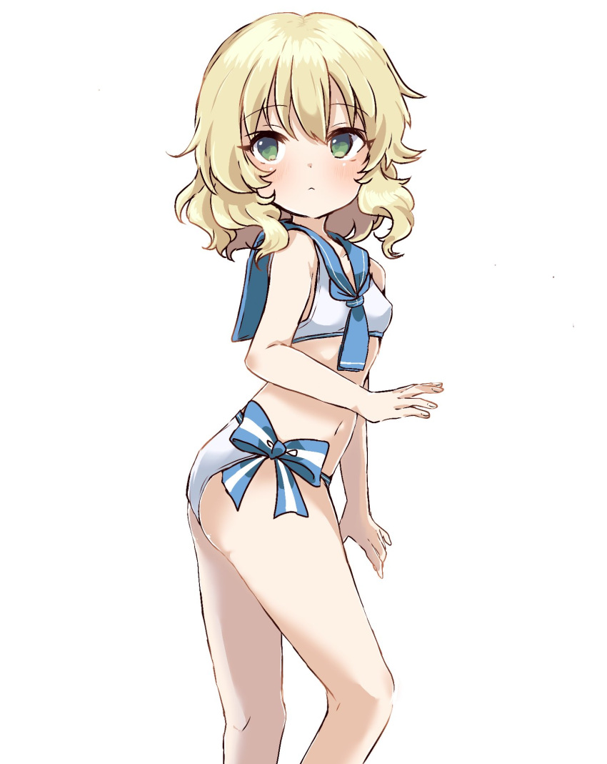 bare_legs blonde_hair blush breasts feet_out_of_frame green_eyes highres idolmaster idolmaster_cinderella_girls looking_to_the_side navel remiri_nicoeli sailor_bikini sailor_collar sailor_swimsuit_(idolmaster) sakurai_momoka simple_background small_breasts stomach white_background