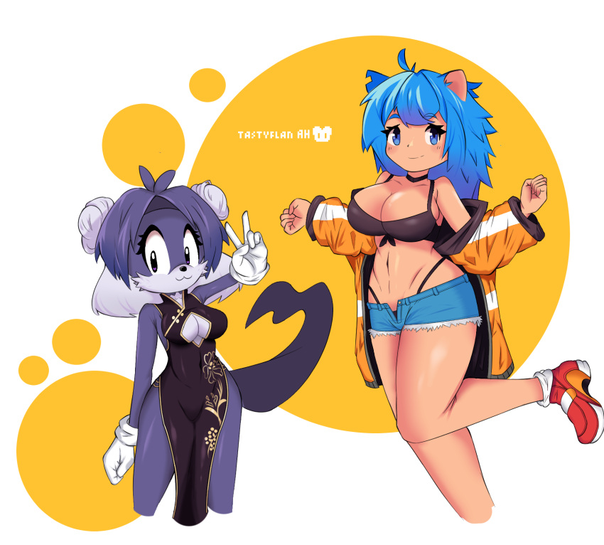 2girls animal_ears arctichasmter bikini black_dress blue_eyes blue_hair breasts china_dress chinese_clothes cleavage cleavage_cutout clothing_cutout dress floral_print furry furry_female gloves hair_bun hedgehog_ears hedgehog_girl highleg highleg_bikini highres jacket long_hair looking_at_viewer multiple_girls off-shoulder_jacket off_shoulder open_clothes open_fly open_jacket orange_jacket original otter_girl otter_tail purple_eyes purple_fur shoes short_hair short_shorts shorts simple_background sleeveless sleeveless_dress smile sneakers sonic_(series) standing swimsuit tail v white_gloves