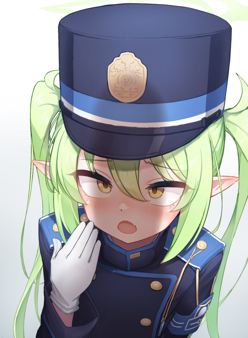 1girl :o arm_at_side armband blue_archive blue_armband blue_hat blue_jacket blush buttons commentary_request double-breasted fang furrowed_brow gloves gradient_background green_hair green_halo hair_between_eyes halo hand_up hat highlander_twintails_conductor_(blue_archive) highres hudeako jacket long_hair looking_up open_mouth peaked_cap penis_awe penis_shadow pointy_ears shadow sidelocks skin_fang solo surprised sweat twintails upper_body wavy_eyebrows white_background white_gloves wide-eyed yellow_eyes