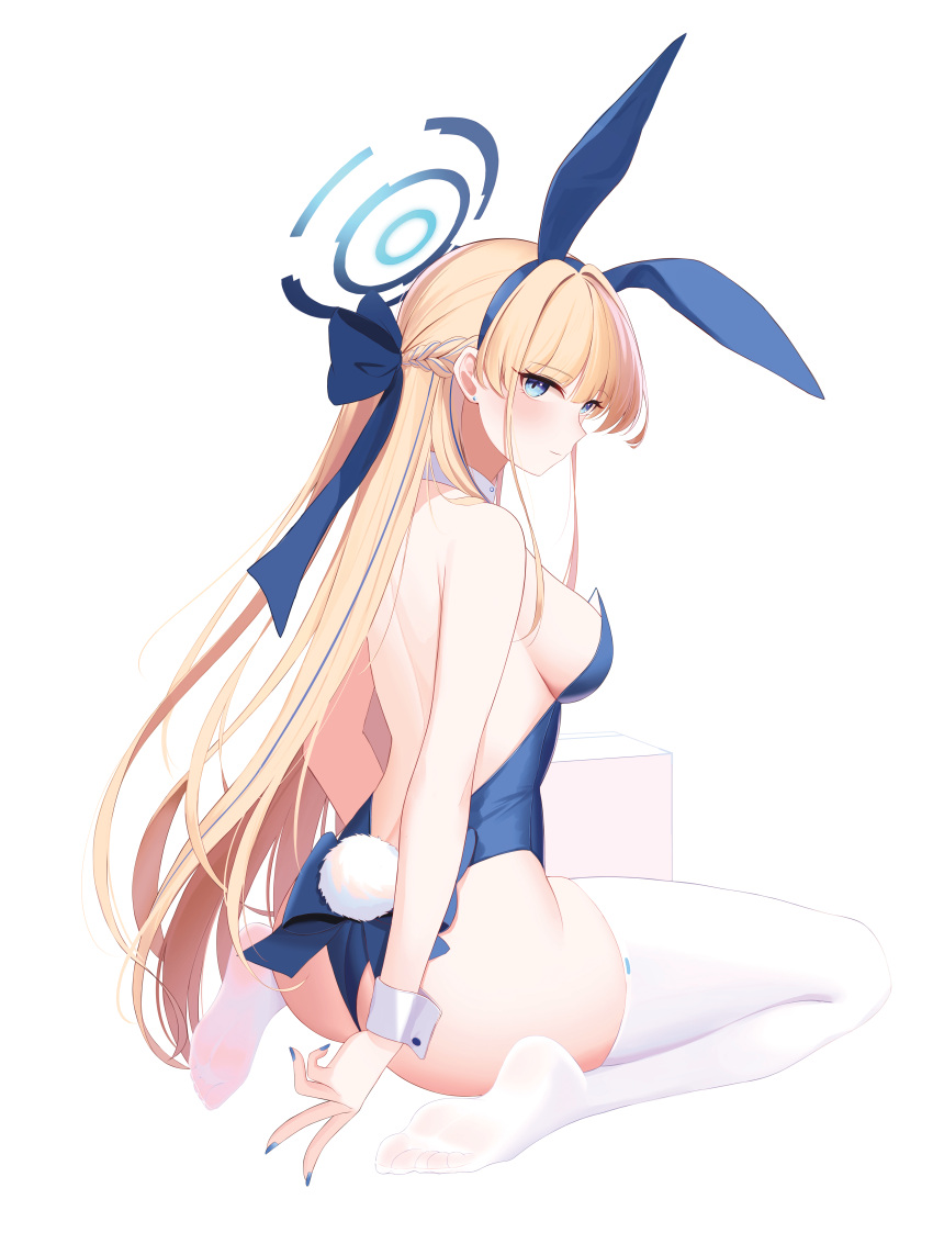 1girl absurdres animal_ears ass back_bow backless_leotard bare_arms bare_back bare_shoulders blonde_hair blue_archive blue_bow blue_eyes blue_hair blue_halo blue_leotard blue_nails blush bow braid breasts buttons closed_mouth detached_collar fake_animal_ears fake_tail fingernails french_braid from_behind full_body hair_between_eyes hair_bow hairband halo highleg highleg_leotard highres jayamon leotard long_fingernails long_hair looking_at_viewer looking_back median_furrow medium_breasts multicolored_hair nail_polish no_shoes official_alternate_costume playboy_bunny rabbit_ears rabbit_tail sideboob sidelocks simple_background sitting smile solo strapless strapless_leotard streaked_hair tail thighhighs thighs toki_(blue_archive) toki_(bunny)_(blue_archive) very_long_hair wariza white_background white_thighhighs wing_collar wrist_cuffs