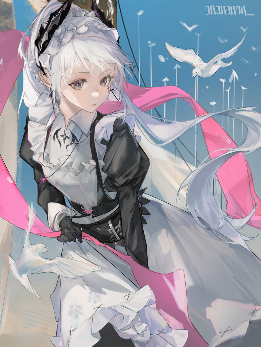 1girl absurdres apron arknights artist_name bird black_gloves closed_mouth floating_hair frilled_hairband frills gloves grey_eyes hairband highres holding holding_ribbon horns irene_(arknights) juliet_sleeves long_hair long_sleeves oneniiiceday pink_ribbon puffy_sleeves ribbon solo standing very_long_hair white_apron white_hair