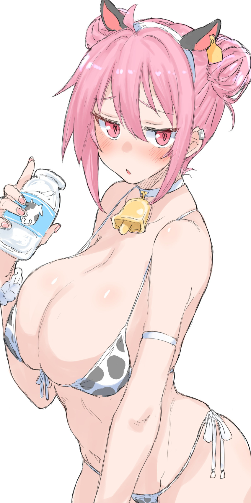 1girl :o absurdres animal_ears animal_print bell bikini blush bottle breasts cleavage cow_ears cow_print cow_print_bikini double_bun fake_animal_ears fingernails front-tie_bikini_top front-tie_top hair_bun heart heart-shaped_pupils highres holding holding_bottle huge_breasts looking_at_viewer micro_bikini milk_bottle nail_polish navel neck_bell original pink_eyes pink_hair print_bikini scrunchie side-tie_bikini_bottom simple_background solo stomach string_bikini swimsuit symbol-shaped_pupils wasabijoyu76 white_background wrist_scrunchie