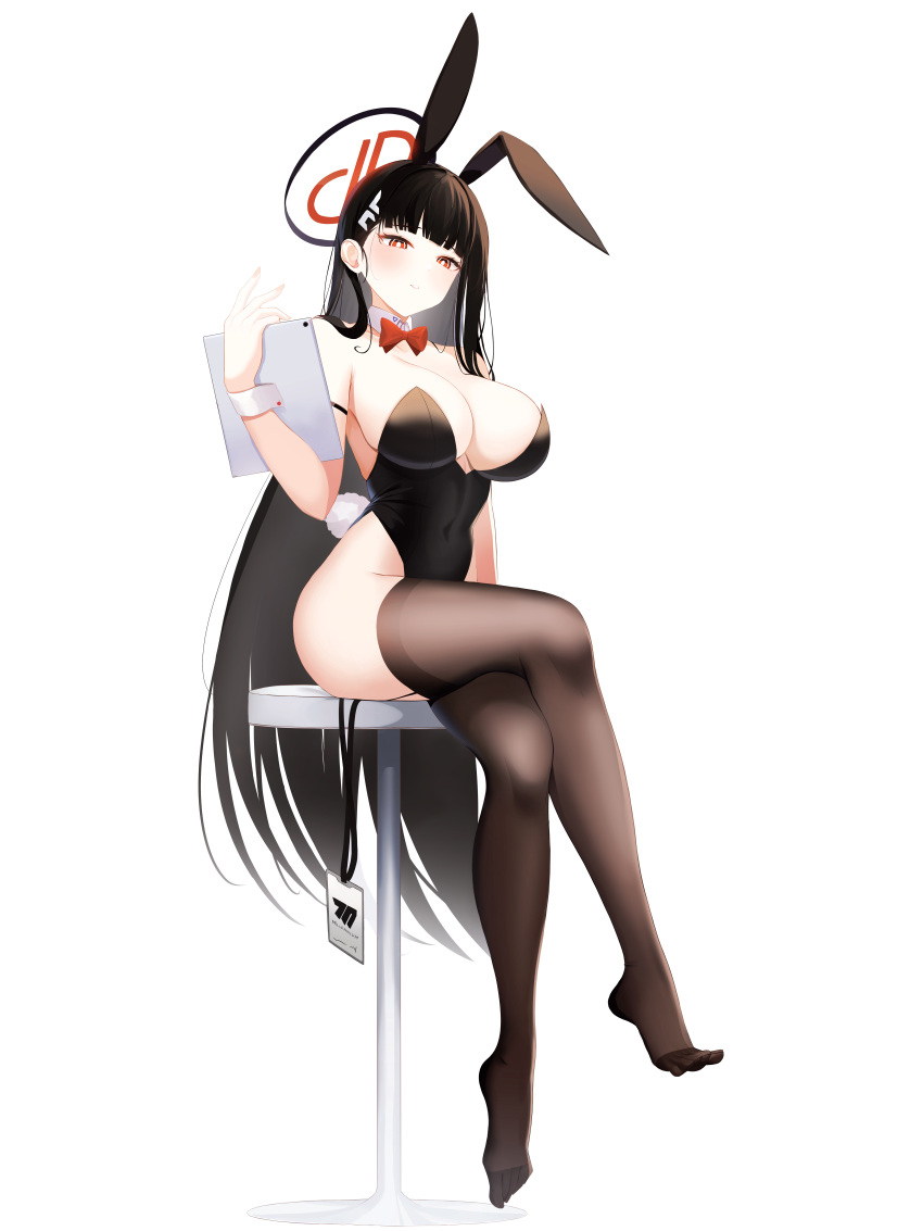 1girl absurdres alternate_costume animal_ears arm_strap bare_shoulders black_hair black_halo black_leotard blue_archive blunt_bangs blush bow bowtie breasts bright_pupils brown_thighhighs buttons chair cleavage closed_mouth collarbone covered_navel crossed_legs detached_collar fake_animal_ears fake_tail feet fingernails full_body garter_straps halo hand_up high_heels highleg highleg_leotard highres hime_cut holding holding_tablet_pc id_card jayamon large_breasts leotard long_fingernails long_hair looking_at_viewer no_shoes playboy_bunny rabbit_ears rabbit_tail red_bow red_bowtie red_eyes red_halo rio_(blue_archive) simple_background sitting solo stool strapless strapless_leotard tablet_pc tail teeth thighhighs thighs toes very_long_hair white_background wing_collar wrist_cuffs