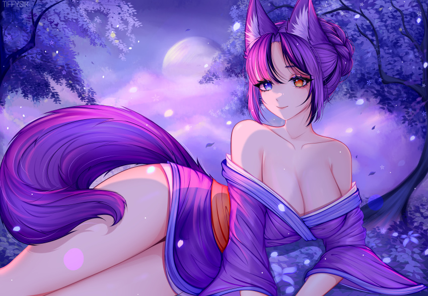 1girl absurdres animal_ear_fluff animal_ears artist_name awful_queen_(vtuber) breasts cherry_blossoms eyelashes fox_ears fox_girl fox_tail heterochromia highres indie_virtual_youtuber japanese_clothes kimono large_breasts looking_at_viewer monster_girl moon purple_tail tail tiffichka yukata