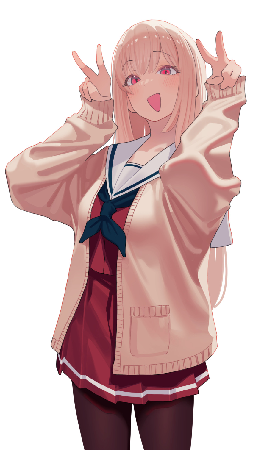 1girl absurdres arisaki_(cnxy7525) arm_up bag black_neckerchief black_pantyhose blonde_hair breasts brown_cardigan cardigan double_v furen_e_lustario furen_e_lustario_(school_uniform) grin hands_up highres large_breasts long_hair long_sleeves looking_at_viewer neckerchief nijisanji official_alternate_costume official_alternate_hairstyle open_cardigan open_clothes open_mouth pantyhose pleated_skirt red_eyes red_serafuku red_shirt red_skirt sailor_collar school_uniform serafuku shirt shoulder_bag simple_background skirt smile solo standing v very_long_hair virtual_youtuber white_background white_sailor_collar
