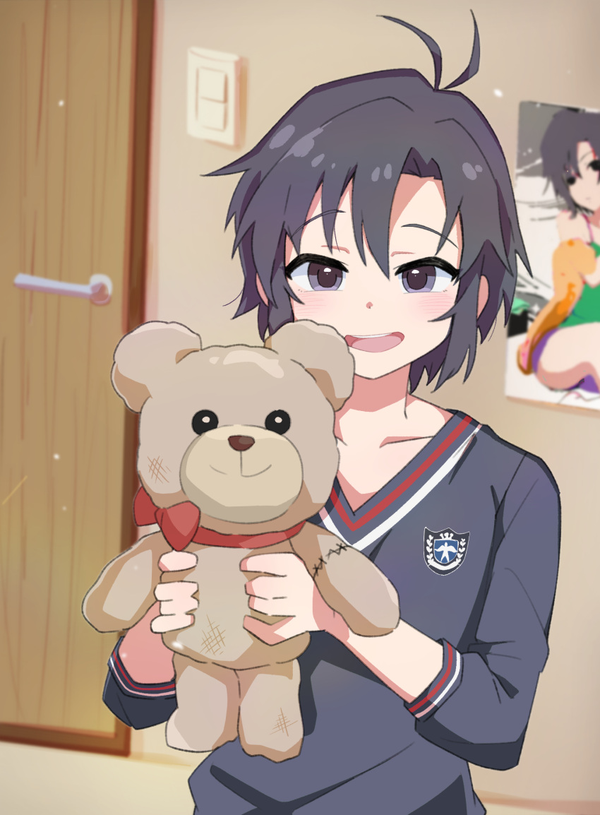 1girl antenna_hair black_hair blush bromide collarbone doll flat_chest highres holding holding_doll hugging_doll hugging_object idolmaster idolmaster_(classic) idolmaster_million_live! idolmaster_million_live!_theater_days indoors kikuchi_makoto looking_at_viewer ohgi910 short_hair smile solo stuffed_animal stuffed_toy teddy_bear teeth tomboy