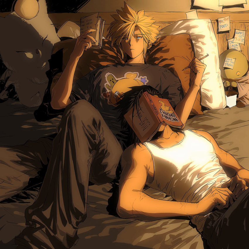 2boys aqua_eyes bare_arms bare_shoulders bed_sheet black_hair black_pants black_shirt blonde_hair book book_on_head casual chocobo cloud_strife feet_out_of_frame final_fantasy final_fantasy_vii hair_between_eyes highres holding holding_notepad holding_pencil indoors long_sleeves male_focus moogle multiple_boys notepad object_on_head on_bed pants pencil pillow print_shirt reclining sabotender scar scar_on_arm shirt short_hair sleeves_rolled_up spiked_hair stuffed_animal stuffed_toy tank_top tonberry toned toned_male white_shirt xevir3399 zack_fair