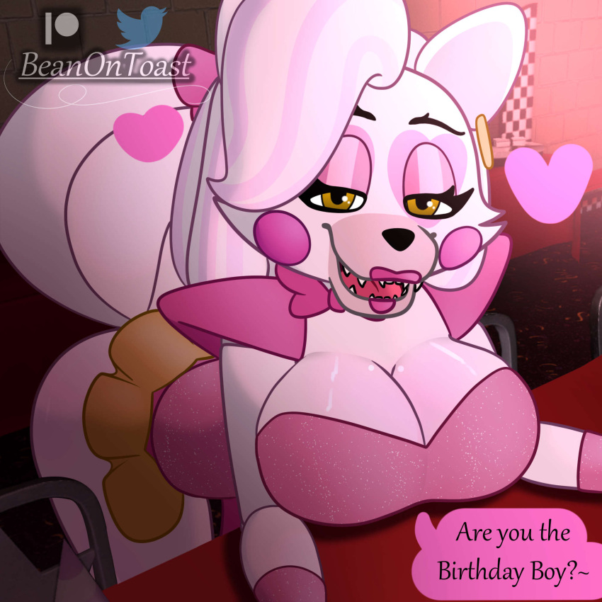 1:1 2023 animatronic anthro artist_name beanontoast bedroom_eyes bent_over big_breasts bow_tie breasts canid canine cleavage clothed clothing curvy_figure detailed_background dialogue digital_drawing_(artwork) digital_media_(artwork) ear_piercing ear_ring english_text eyelashes female five_nights_at_freddy's five_nights_at_freddy's_2 fox glamrock_mangle_(fnaf) hair heart_symbol hi_res inside leaning leaning_forward lipstick long_hair long_tail looking_at_viewer machine makeup mammal mangle_(fnaf) multicolored_body multicolored_hair narrowed_eyes open_mouth open_smile patreon patreon_logo piercing pink_body pink_hair pink_lipstick ring_piercing robot scottgames seductive sharp_teeth shoulder_pads smile solo tail talking_to_viewer teeth text thick_thighs twitter twitter_logo two_tone_body two_tone_hair voluptuous watermark white_body wide_hips yellow_eyes