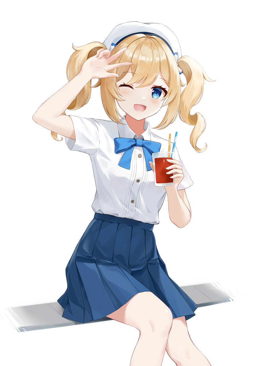 105961 1girl ;d absurdres alternate_costume arm_up barbara_(genshin_impact) beret blonde_hair blue_bow blue_eyes blue_skirt blush bow chinese_commentary collared_shirt commentary cup dress_shirt drinking_straw english_commentary eyelashes feet_out_of_frame genshin_impact glass hair_between_eyes hair_intakes hand_up happy hat high-waist_skirt highres holding holding_cup long_hair looking_at_viewer mixed-language_commentary one_eye_closed open_mouth pleated_skirt school_uniform shirt short_sleeves sitting skirt smile solo twintails v v_over_head wavy_hair white_hat white_shirt