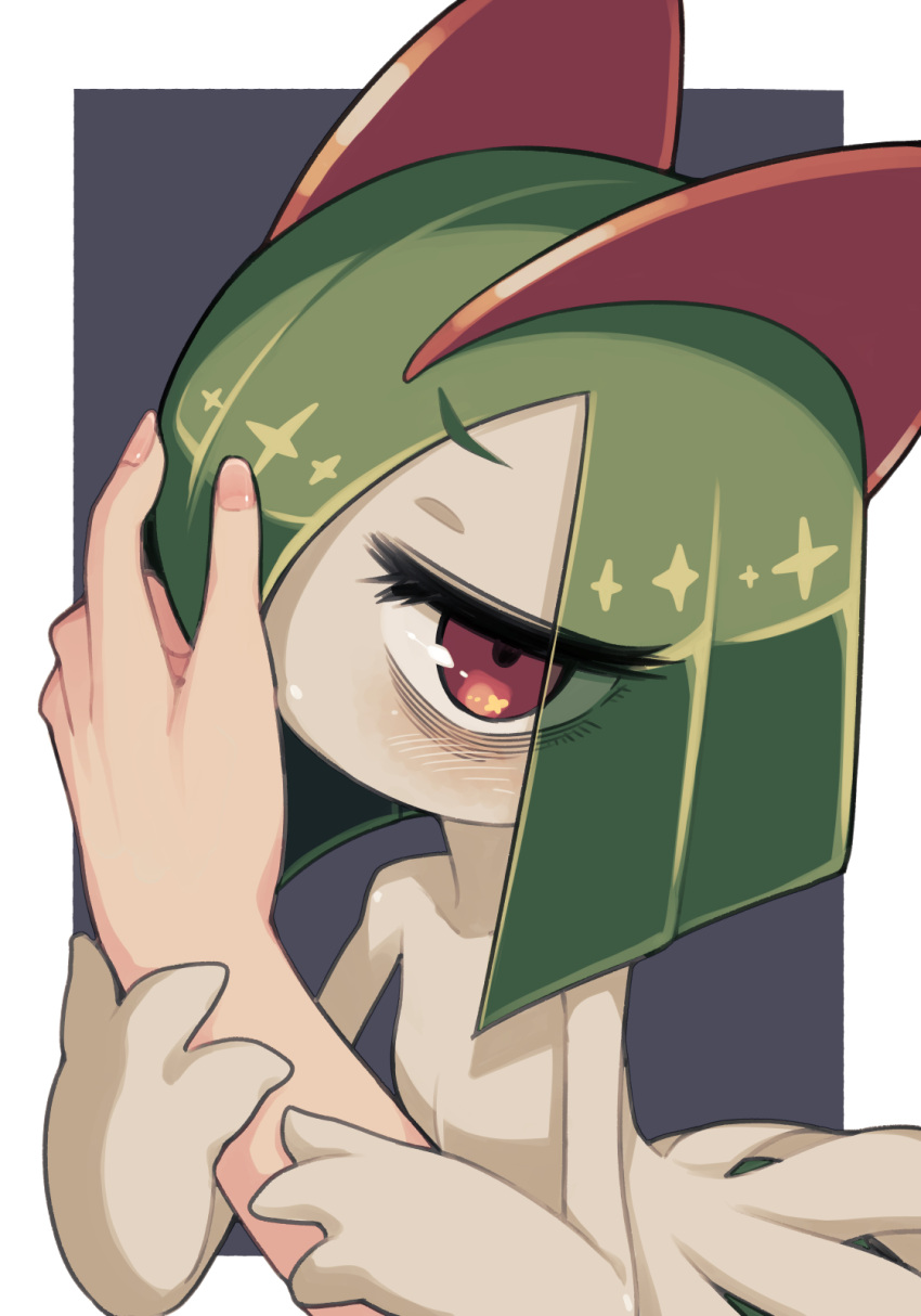 arm_grab bags_under_eyes colored_skin green_hair highres horns ino_(tellu0120) kirlia kiss kissing_hand looking_at_viewer multicolored_skin nail_polish out_of_frame pink_eyes pink_nails pokemon pokemon_(creature) sidelocks simple_background two-tone_skin white_skin