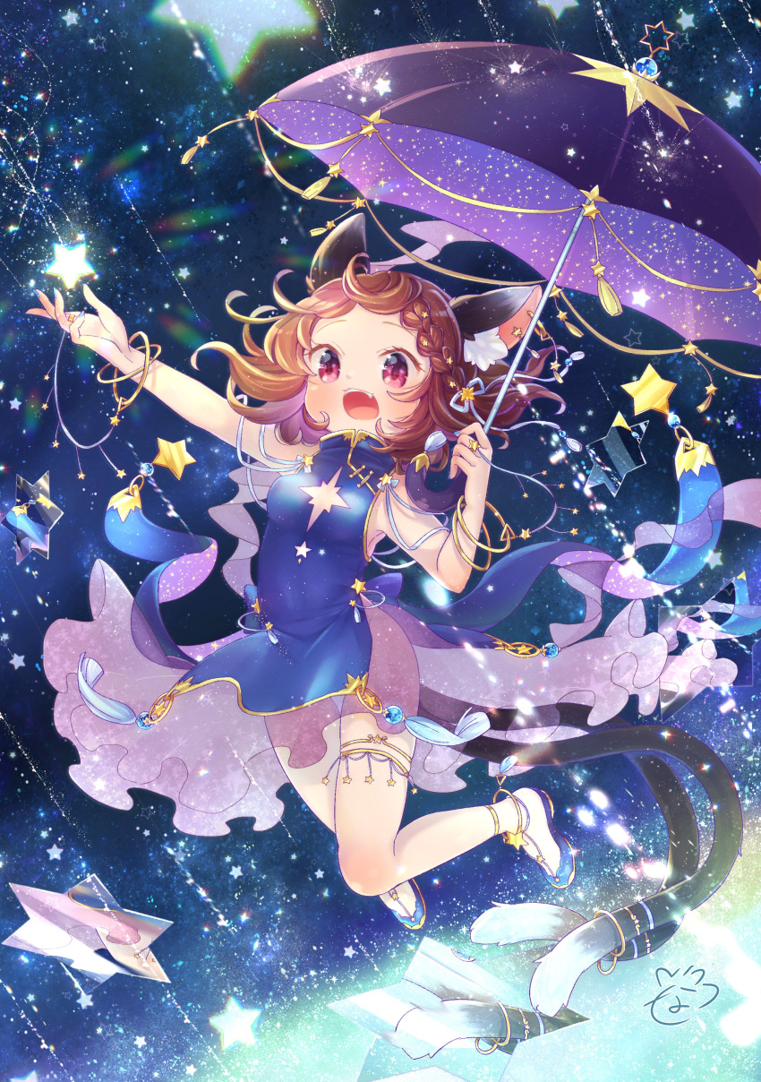 1girl absurdres animal_ears anklet blue_dress bracelet braid brown_hair cat_ears cat_girl cat_tail clothing_request commentary_request copyright_request dress earrings falling_star fang fangs gold_trim highres ibaraki_natou jewelry open_mouth red_eyes shoes solo star tagme tail tassel thighhighs umbrella