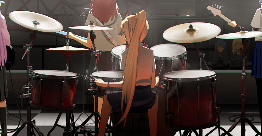 6+girls absurdres ahoge black_skirt blonde_hair blue_hair blue_skirt bocchi_the_rock! bow cube_hair_ornament cymbals drum drum_set drumsticks electric_guitar floral_print from_behind gotoh_hitori guitar hair_ornament highres holding holding_drumsticks holding_guitar holding_instrument ijichi_nijika ijichi_seika instrument jacket jin_yu0810 kessoku_band kita_ikuyo long_hair multiple_girls out_of_frame pa-san pink_hair pink_jacket pink_track_suit red_bow red_hair shirt siblings side_ahoge side_ponytail sidelocks sisters skirt smile track_jacket yamada_ryo