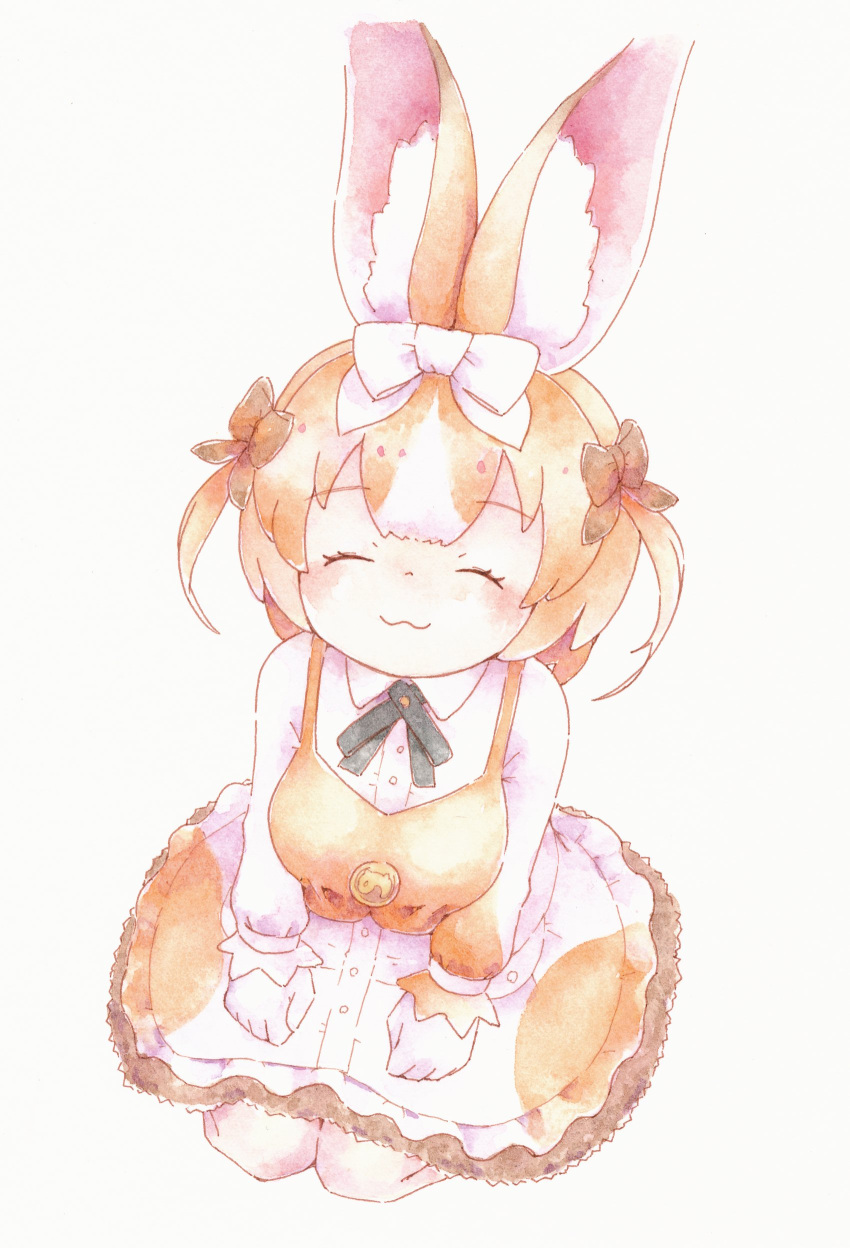 1girl :3 absurdres animal_ears black_bow black_bowtie blush bow bowtie brown_bow brown_dress brown_hair closed_eyes collared_shirt domestic_rabbit_(kemono_friends) dress frilled_dress frilled_sleeves frills hair_between_eyes hair_bow hands_on_own_knees highres japari_symbol kemono_friends light_brown_hair long_sleeves mtsu84 multicolored_hair pantyhose puffy_sleeves rabbit_ears rabbit_girl seiza shirt sidelocks sitting solo two-tone_dress two-tone_hair white_bow white_dress white_pantyhose white_shirt