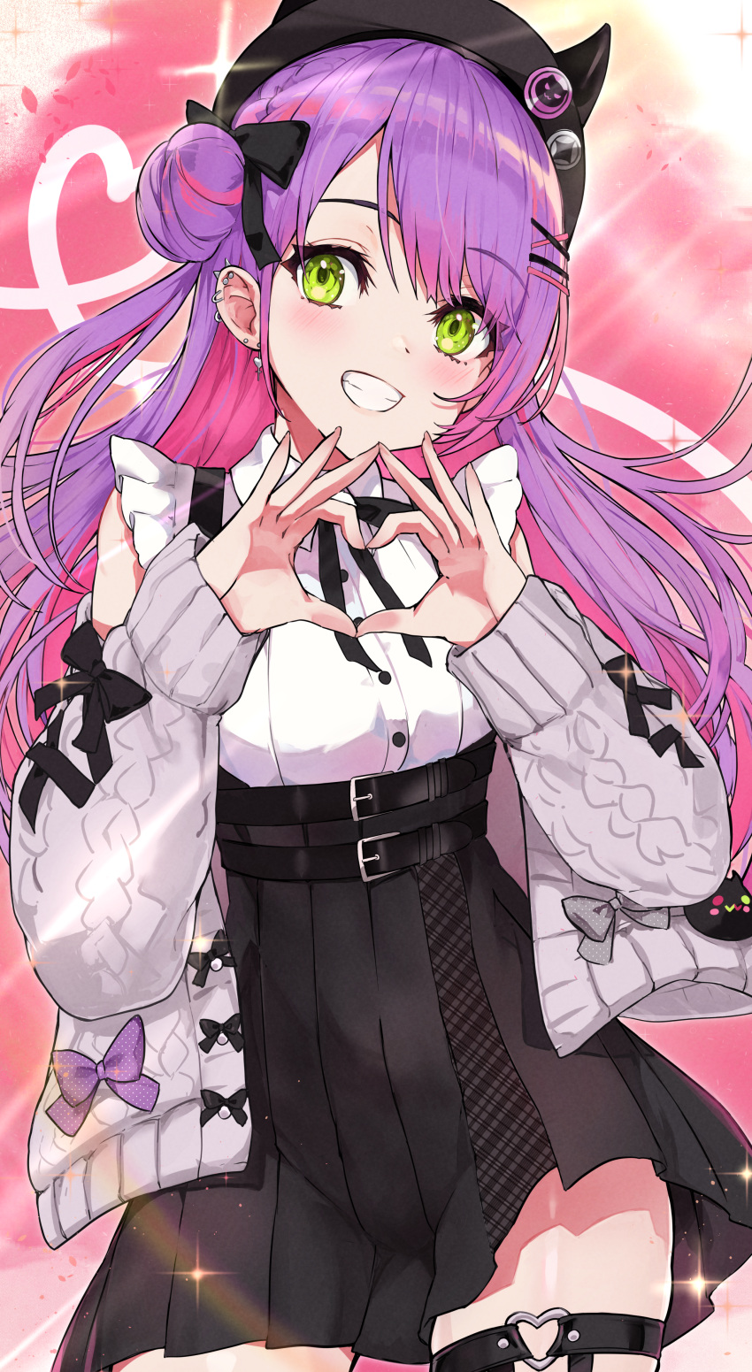 1girl absurdres bibi_(tokoyami_towa) black_skirt blush colored_inner_hair cowboy_shot ear_piercing green_eyes grin hair_bun hair_ornament hairpin hat hat_pin heart heart_hands heart_o-ring high-waist_skirt highres hololive long_sleeves looking_at_viewer minus_zero69 multicolored_hair o-ring o-ring_thigh_strap piercing pink_background pink_hair purple_hair skirt sleeve_bow smile solo sweater swept_bangs thigh_strap tokoyami_towa tokoyami_towa_(jirai_kei) virtual_youtuber