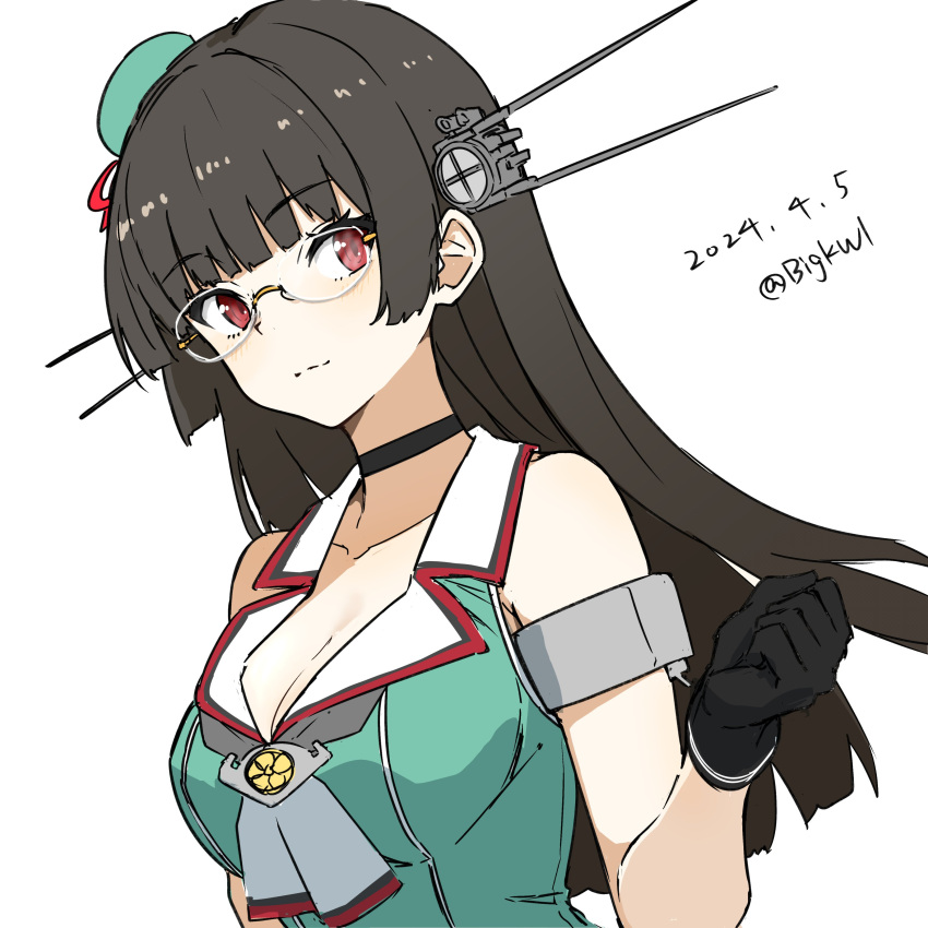 1girl absurdres beret bigkwl black_choker black_gloves black_hair breasts choker choukai_(kancolle) cleavage dated glasses gloves green_hat green_shirt hat headgear highres kantai_collection medium_breasts one-hour_drawing_challenge red_eyes sailor_collar sailor_shirt shirt simple_background sleeveless sleeveless_shirt solo twitter_username upper_body white_background white_sailor_collar