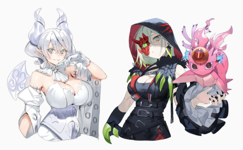 2girls ainezu breasts cleavage colored_tips creature demon_girl demon_horns demon_wings detached_sleeves diabellstar_the_black_witch dress duel_monster gloves green_eyes green_hair grey_eyes grey_hair half_mask hand_on_own_face heterochromia highres holding hood hood_up horns large_breasts lovely_labrynth_of_the_silver_castle mask medium_hair multicolored_hair multiple_girls pale_skin pointy_ears red_mask single_detached_sleeve single_glove single_sleeve snake-eyes_poplar wings yu-gi-oh!