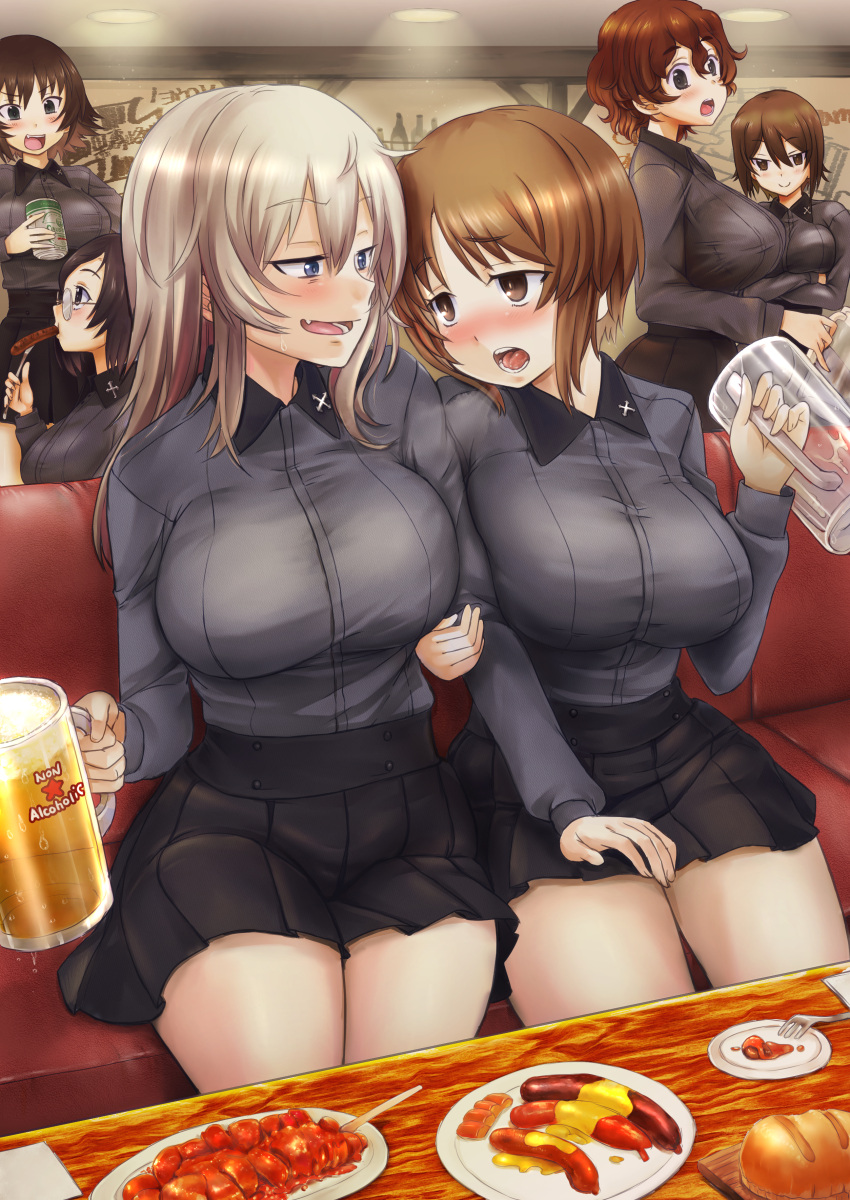 6+girls absurdres akaboshi_koume alcohol arm_grab beer beer_can beer_mug black_hair black_skirt blue_eyes blush bread breath brown_eyes brown_hair can commentary_request commission couch crossed_arms cup dress_shirt drink_can drunk eating fang food girls_und_panzer glasses grey_hair grey_shirt half-closed_eyes hand_on_another's_thigh hida_ema highres holding holding_can holding_cup indoors insignia itsumi_erika katsuya_megu kuromorimine_school_uniform long_sleeves looking_at_another medium_hair miniskirt mug multiple_girls nabeyu nishizumi_maho nishizumi_miho on_couch open_mouth partial_commentary pixiv_commission plate pleated_skirt sausage school_uniform shirt short_hair siblings sisters sitting skirt standing textless_version wavy_hair wing_collar