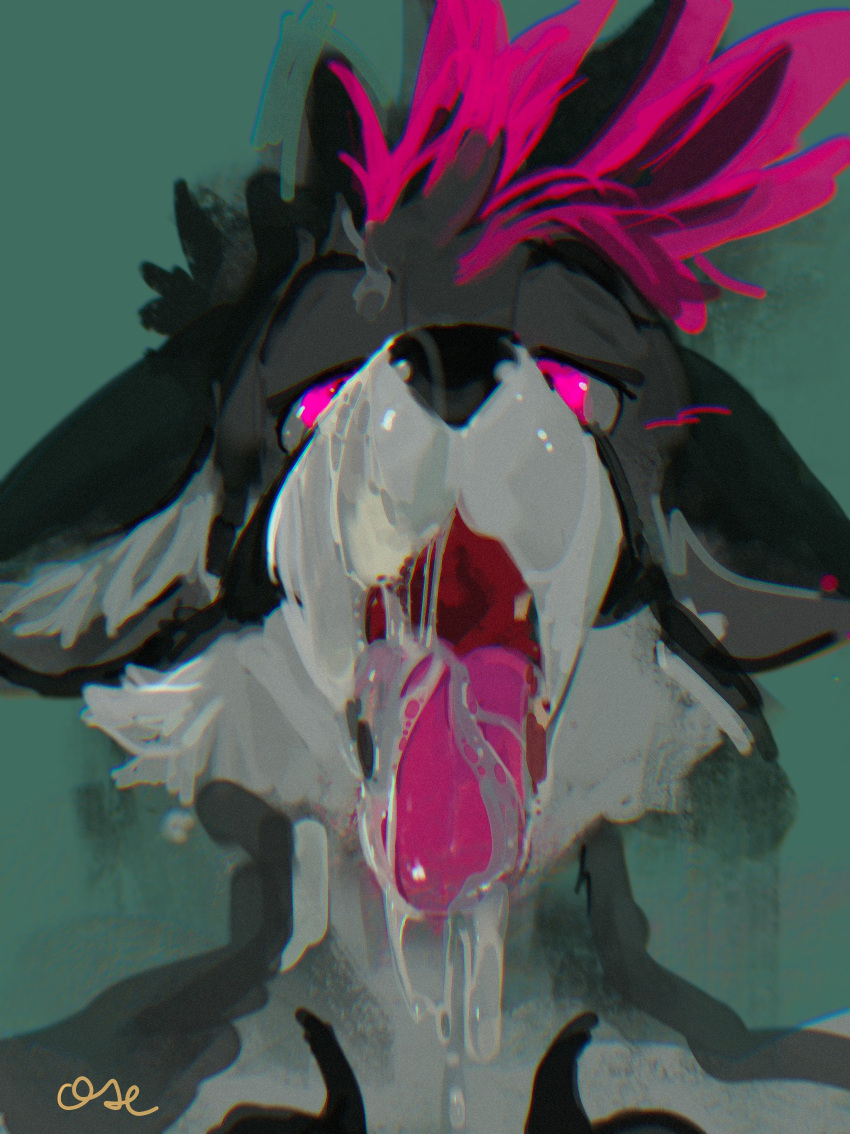 absurd_res anthro black_ears black_hair bodily_fluids bust_portrait cheek_tuft cum cum_on_face cum_on_tongue ears_back facial_tuft fur genital_fluids green_background grey_body grey_fur hair hi_res inner_ear_fluff male multicolored_hair narrowed_eyes open_mouth oselotti pink_eyes pink_hair pink_tongue pivoted_ears portrait signature simple_background solo tongue tongue_out tuft two_tone_hair white_body white_fur white_inner_ear_fluff