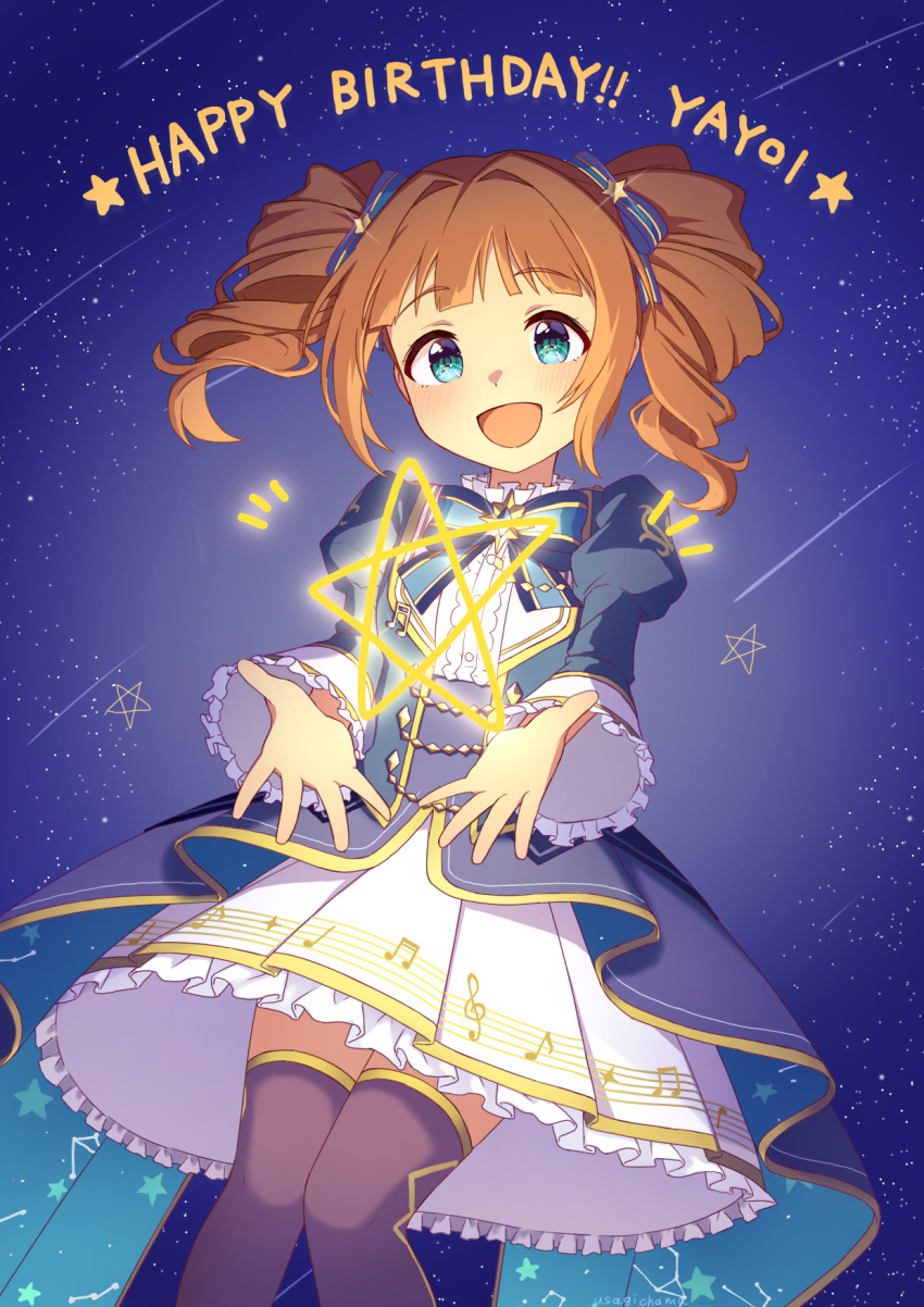 1girl :d artist_name black_thighhighs blue_bow blue_eyes bow brown_hair constellation_print dress hair_ornament hair_ribbon highres idolmaster idolmaster_million_live! idolmaster_million_live!_theater_days long_sleeves musical_note musical_note_print ribbon sky smile standing star_(sky) star_(symbol) star_hair_ornament starry_sky takatsuki_yayoi thighhighs twintails usagichama